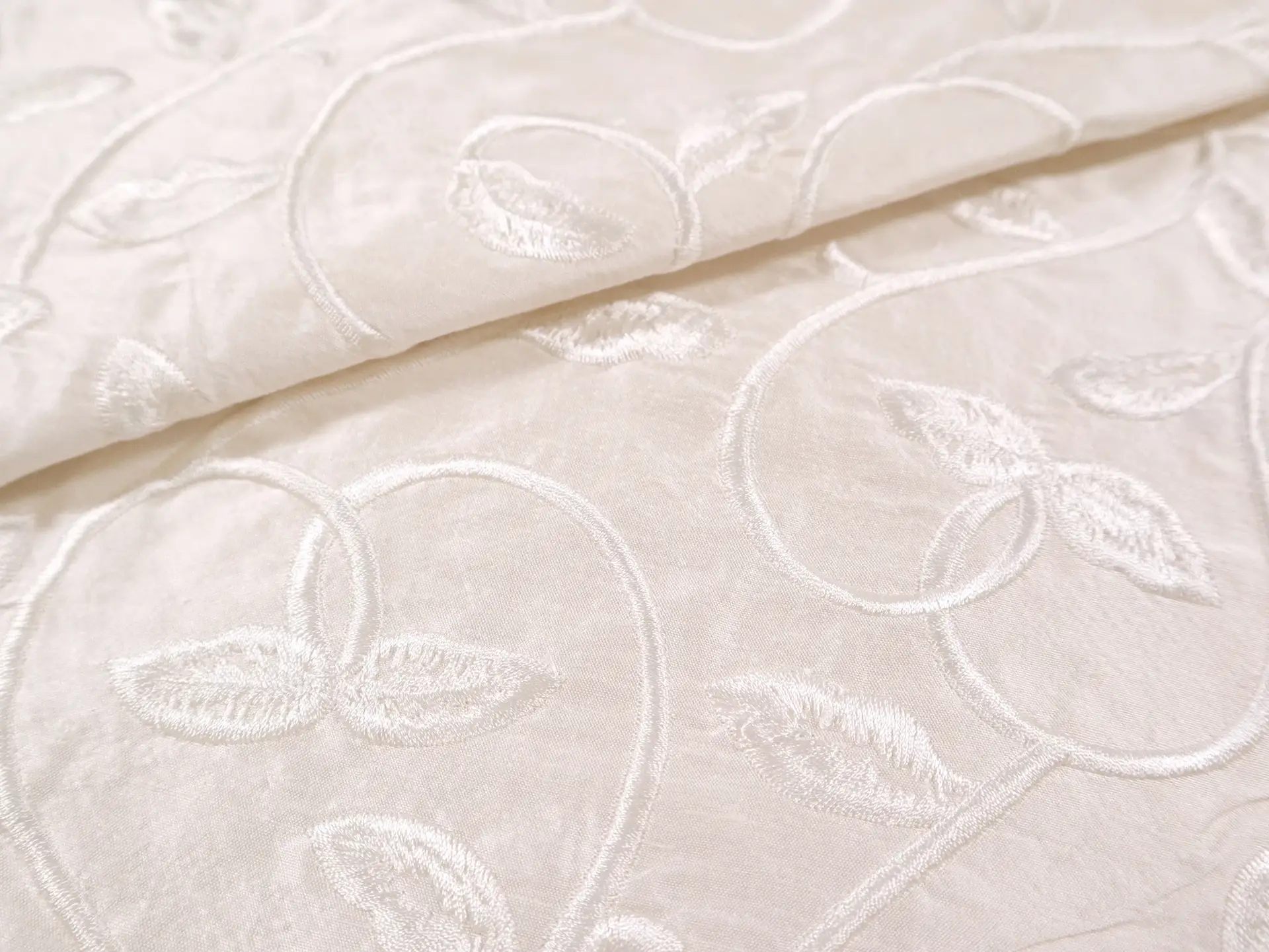 Silk Shantung with Embroidered Leaves in Off White
