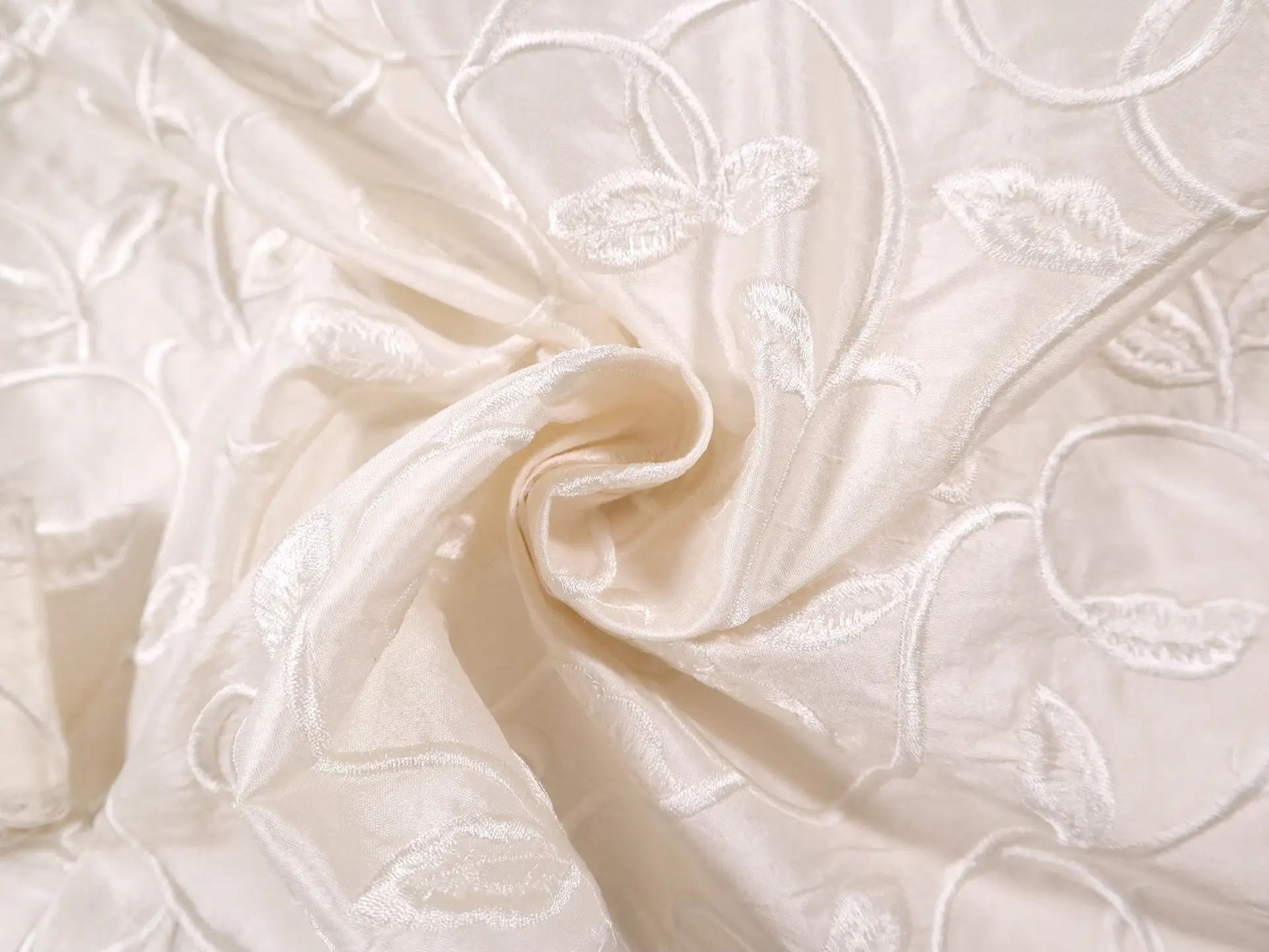 Silk Shantung with Embroidered Leaves in Off White