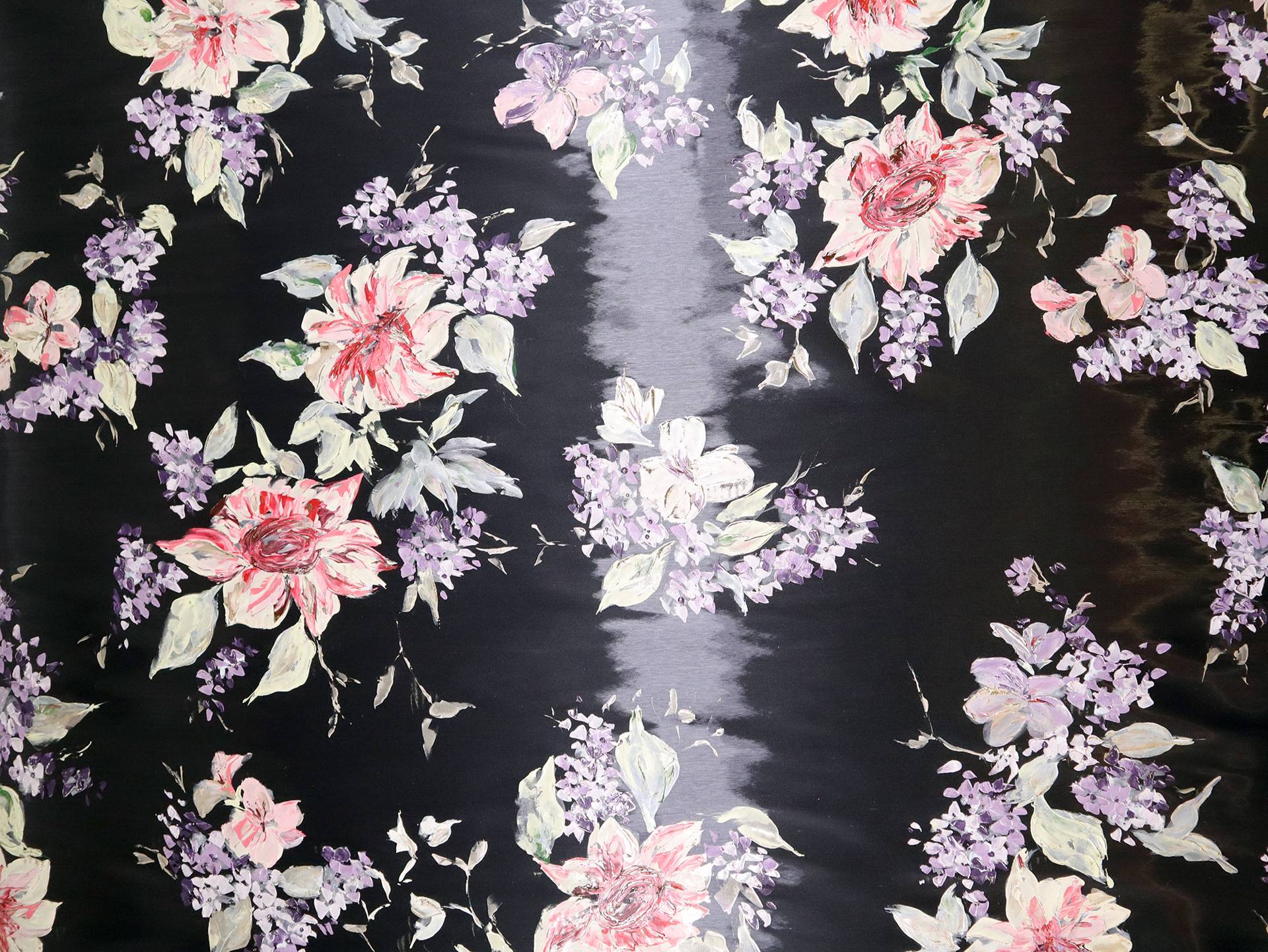 Liquid-Look Satin with Hand Painted Florals on Black