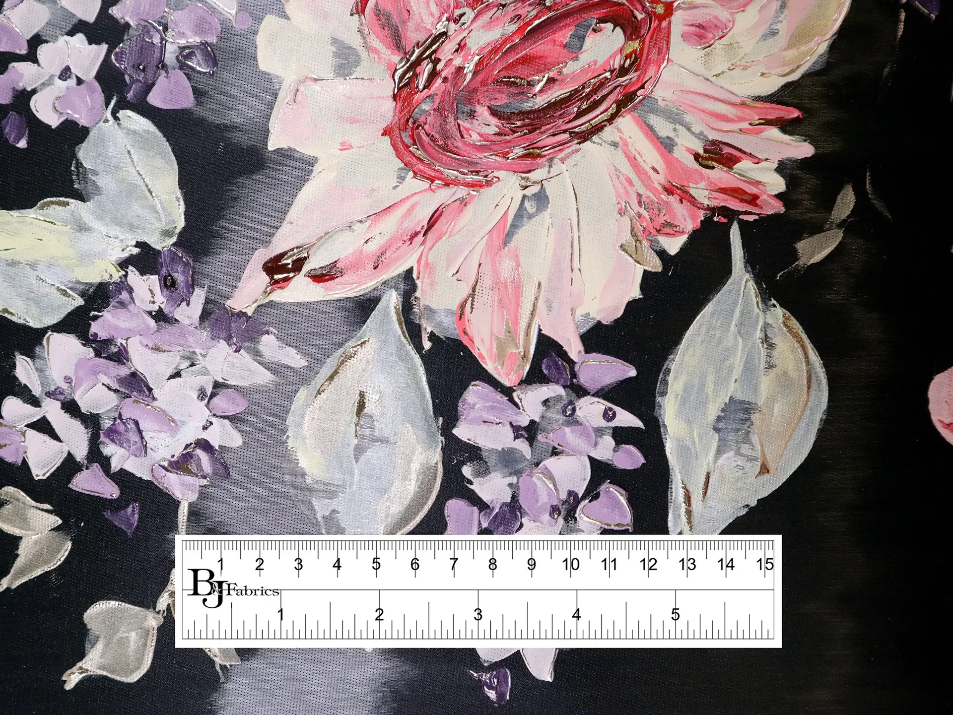 Liquid-Look Satin with Hand Painted Florals on Black
