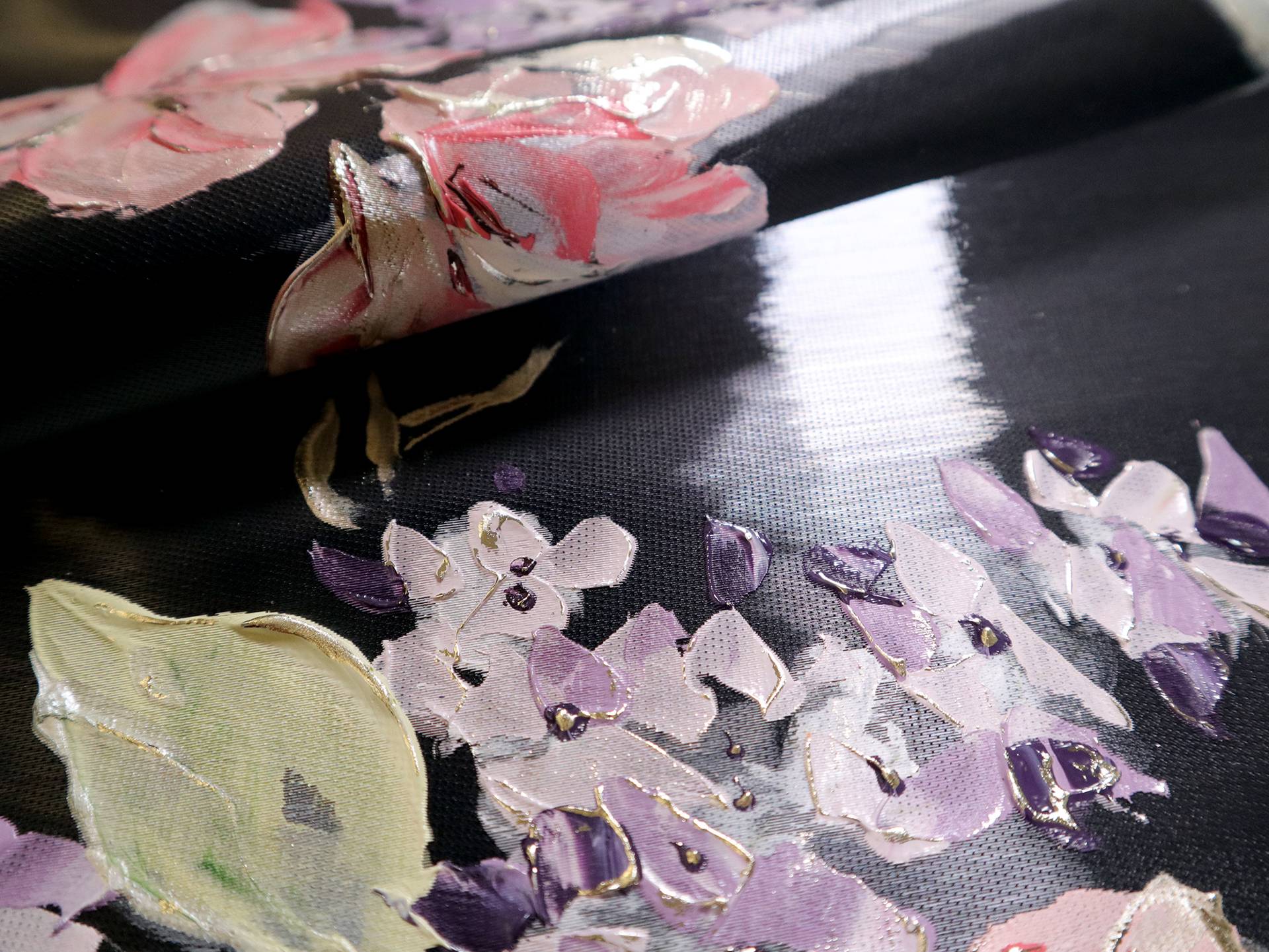 Liquid-Look Satin with Hand Painted Florals on Black