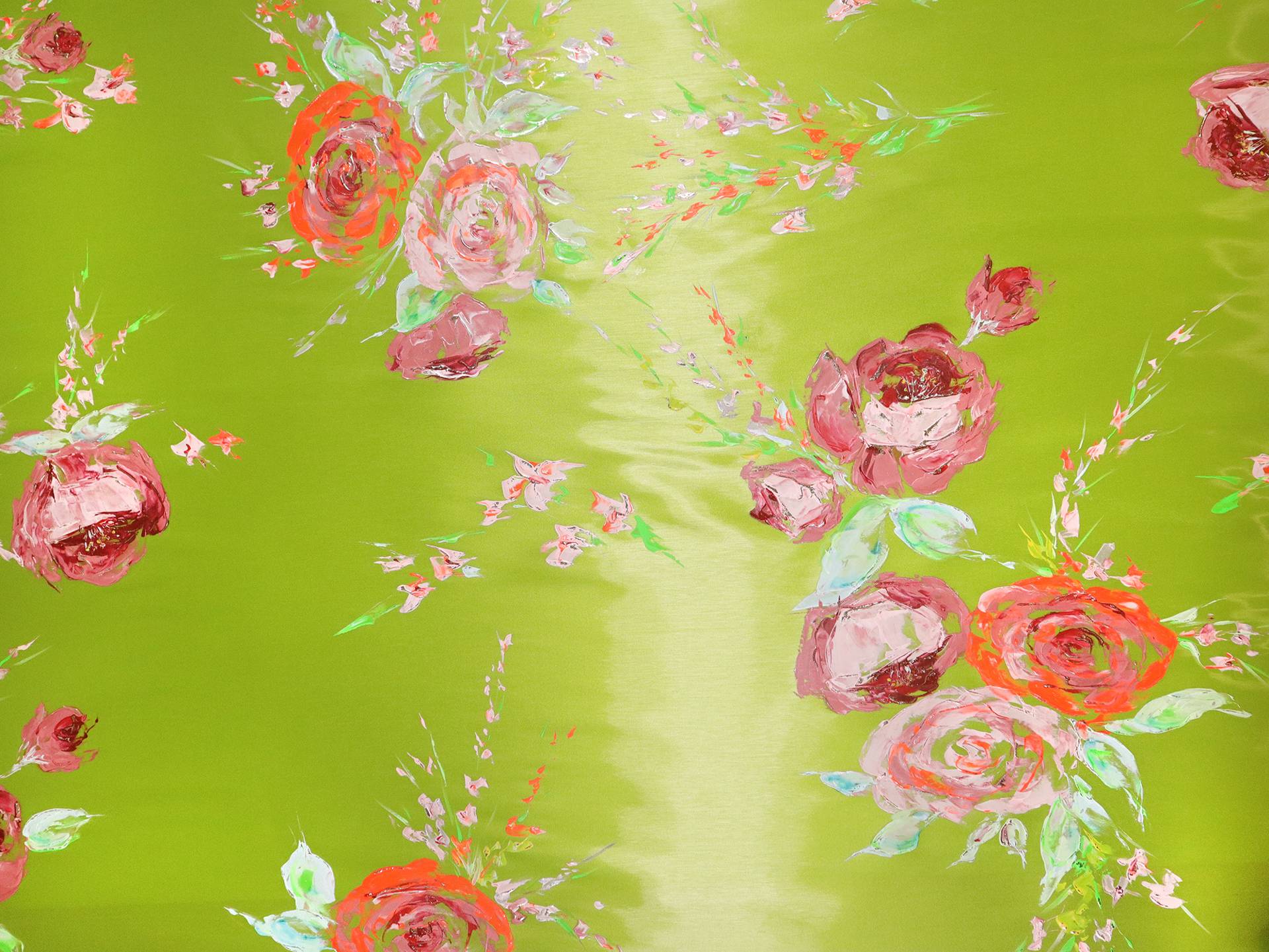 Liquid-Look Satin with Hand Painted Florals on Chartreuse