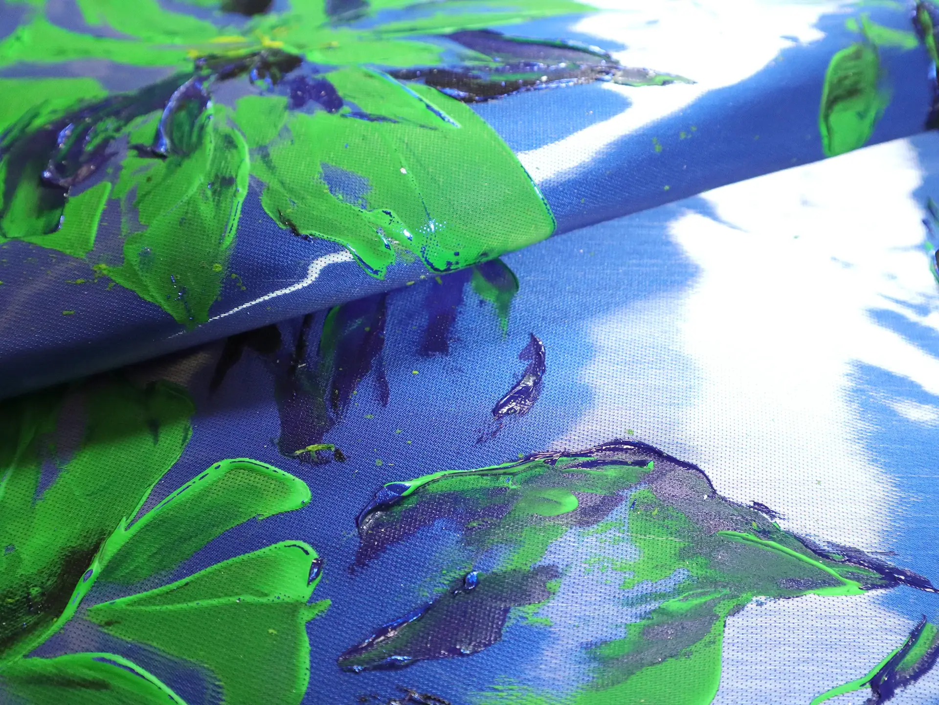 Liquid-Look Satin with Hand Painted Florals on Royal Blue