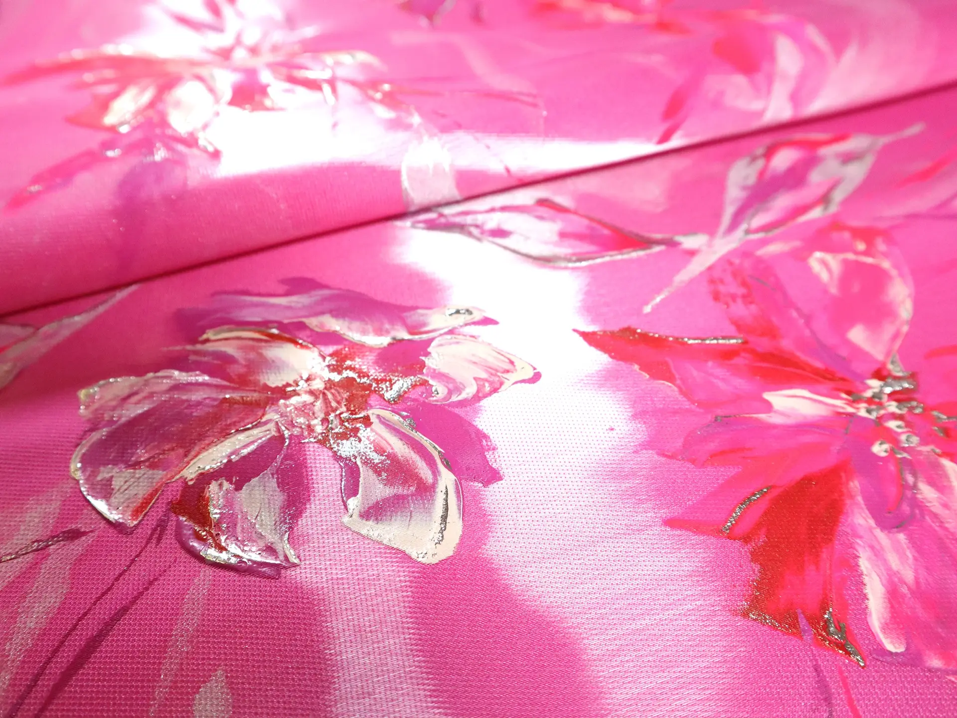 Liquid-Look Satin with Hand Painted Florals on Hot Pink