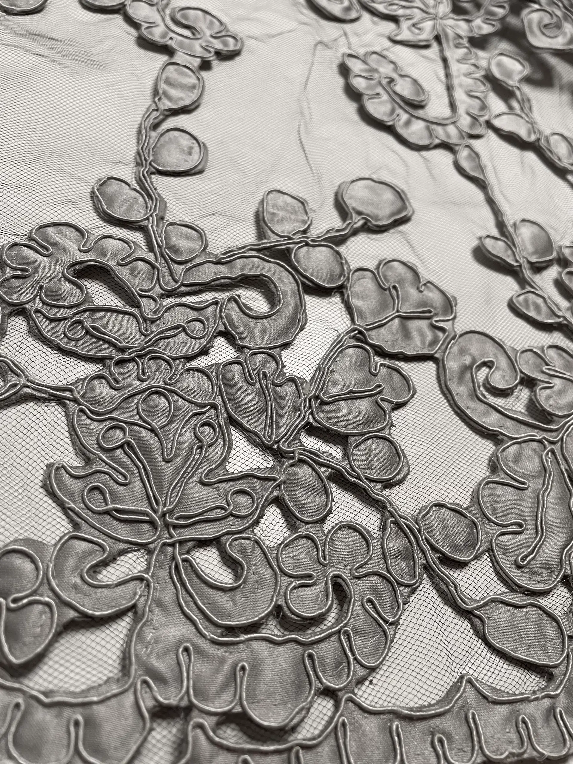 Laser Cut Polyester Embroidered Satin on Tulle