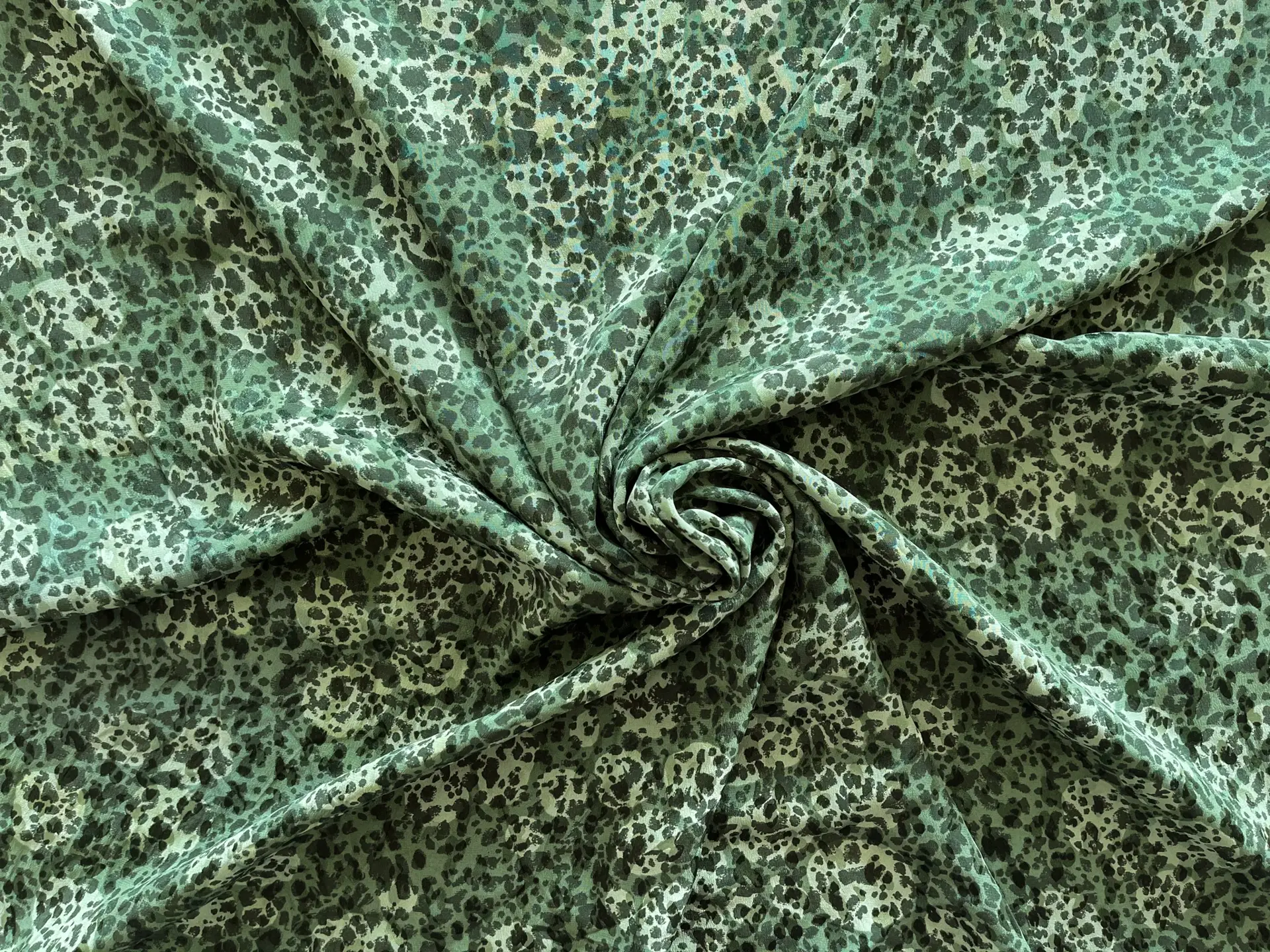 Vintage Silk Print. Green with Black Marks