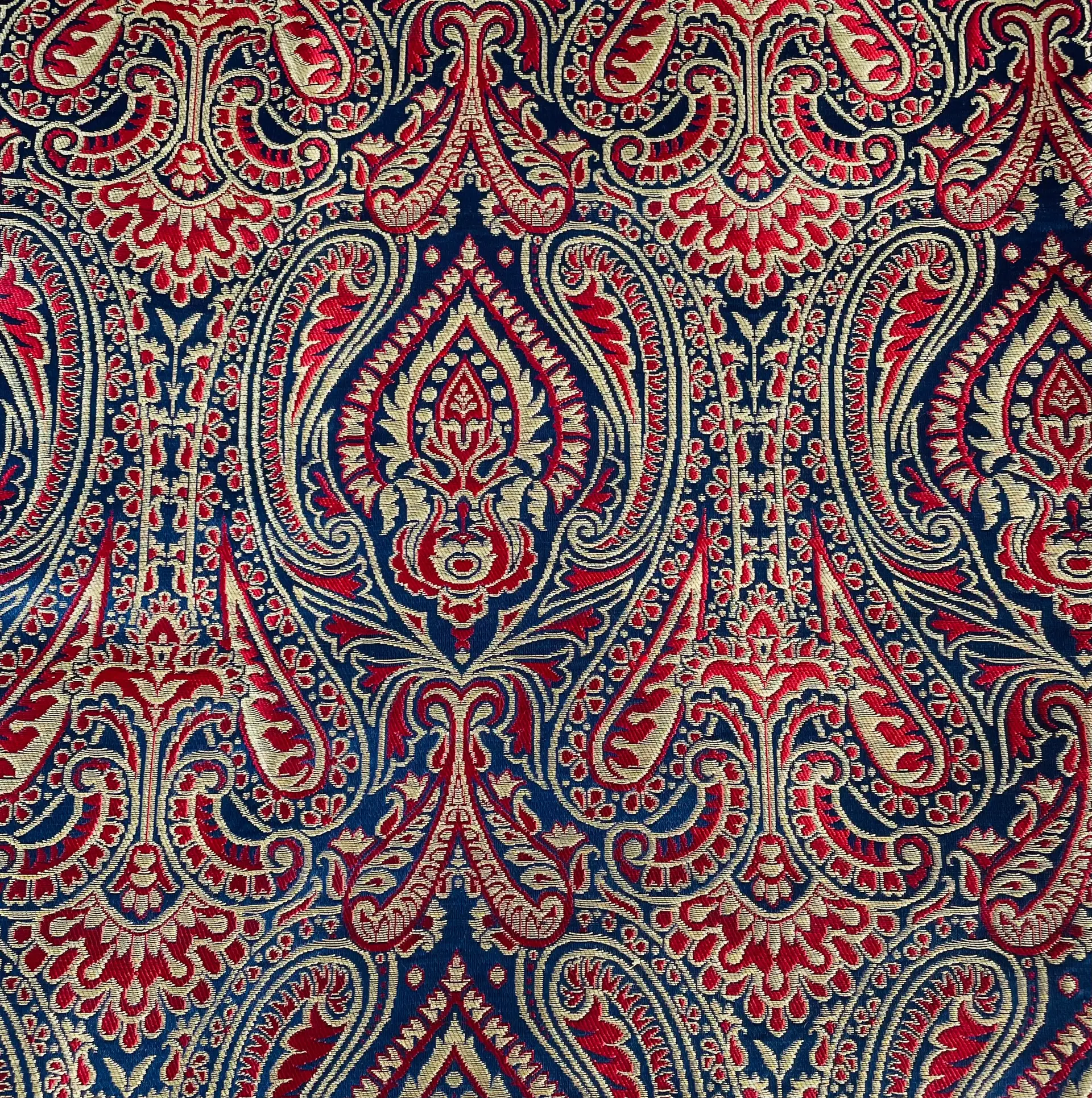 Metallic Brocade in Navy Ground with Burgundy and Metallic Gold Paisley