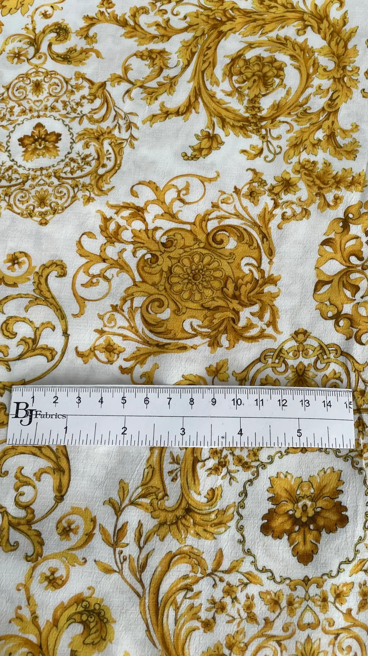 Made in Italy 100% Viscose Challis Baroque Print in White/Gold