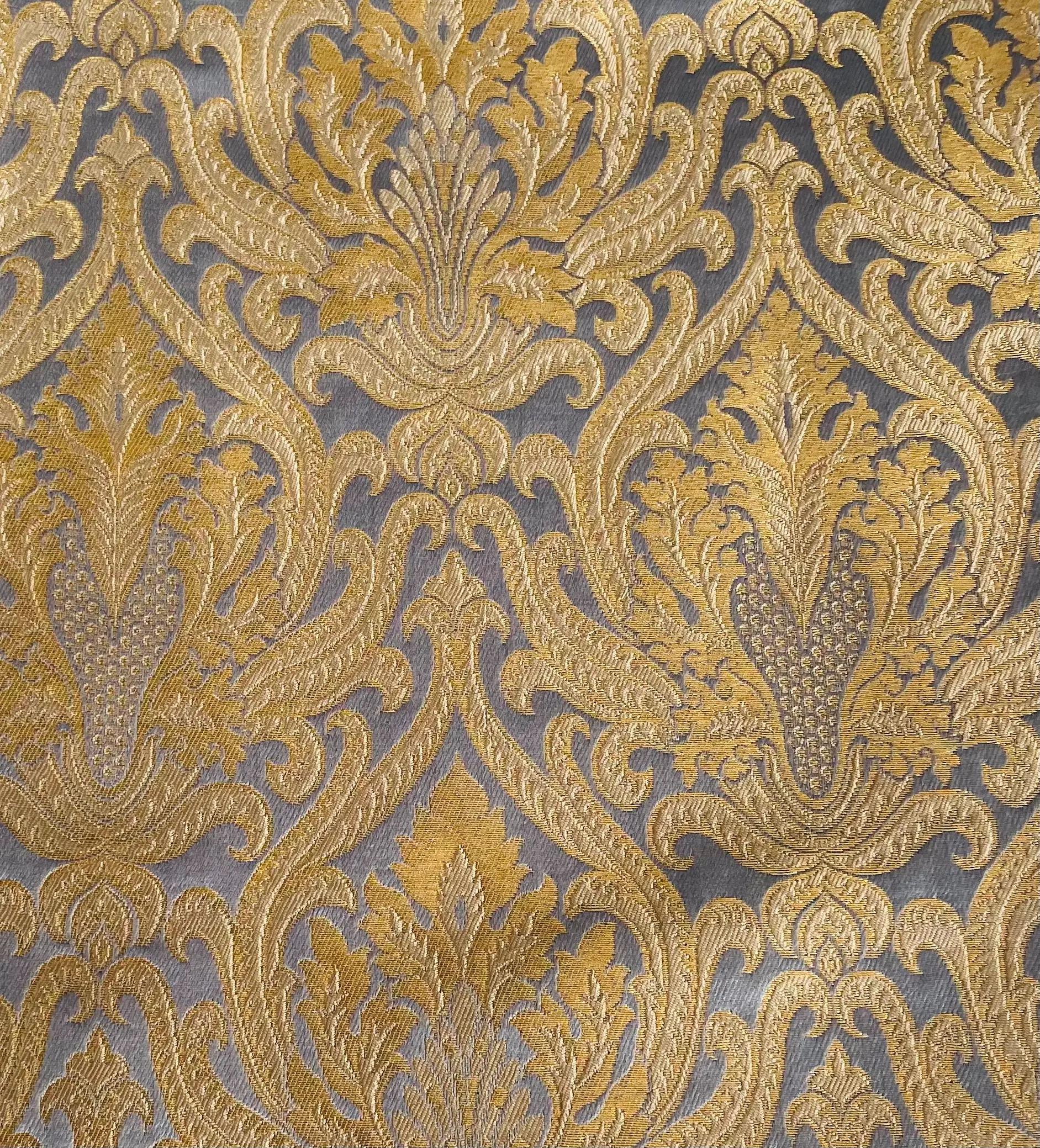 Metallic Brocade in Slate Blue and Gold Baroque Design