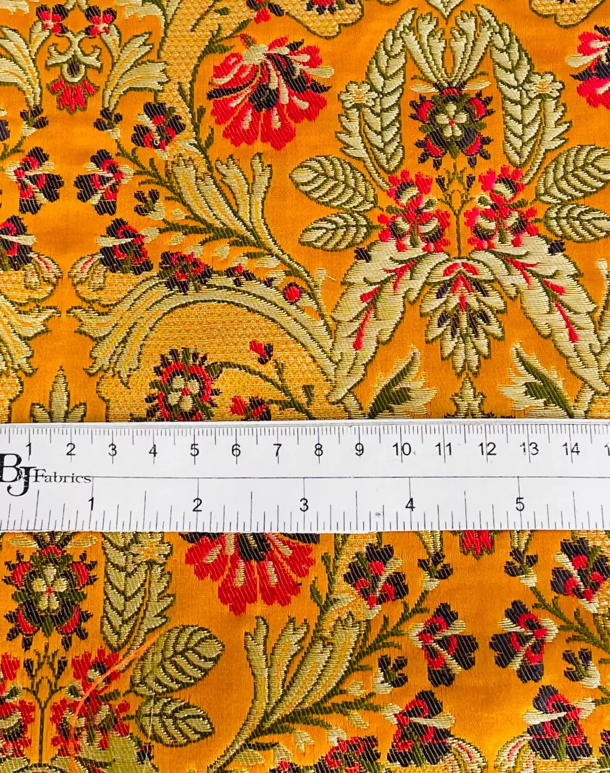 Metallic Brocade in Orange Ground with Multi-Colored Gold Metallic Floral
