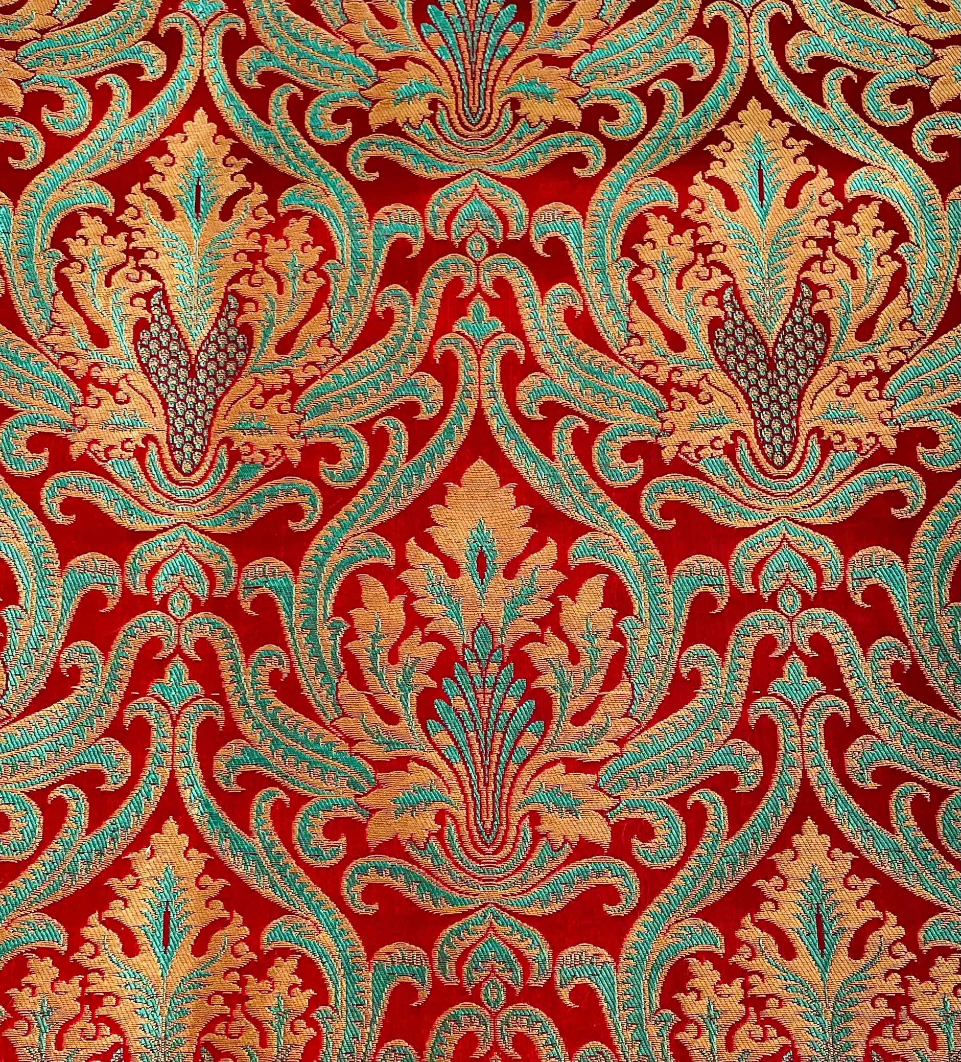 Metallic Brocade in Red Ground with Green and Gold Baroque Design