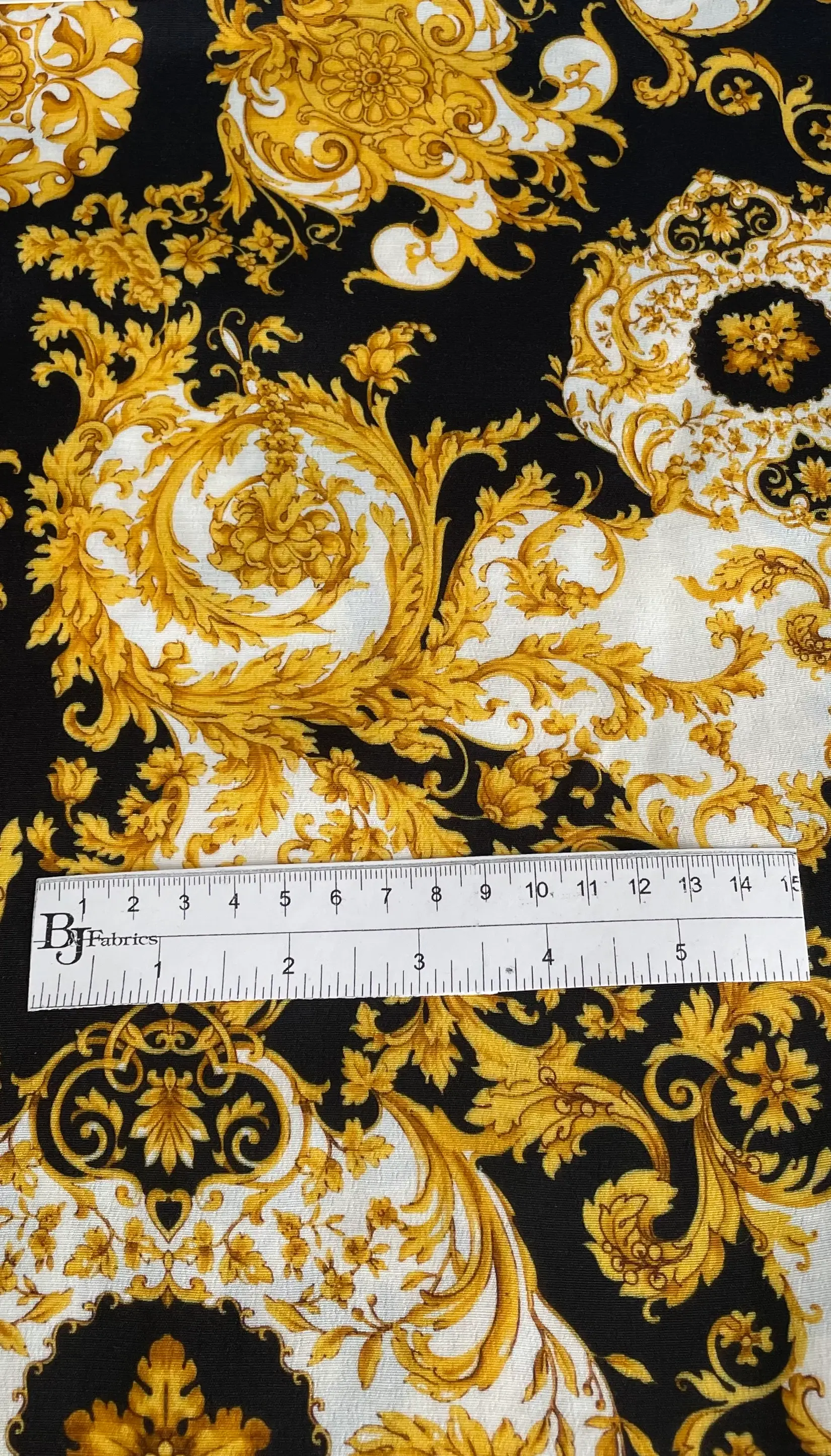 Made in Italy 100% Viscose Challis Baroque Print in Black/Gold