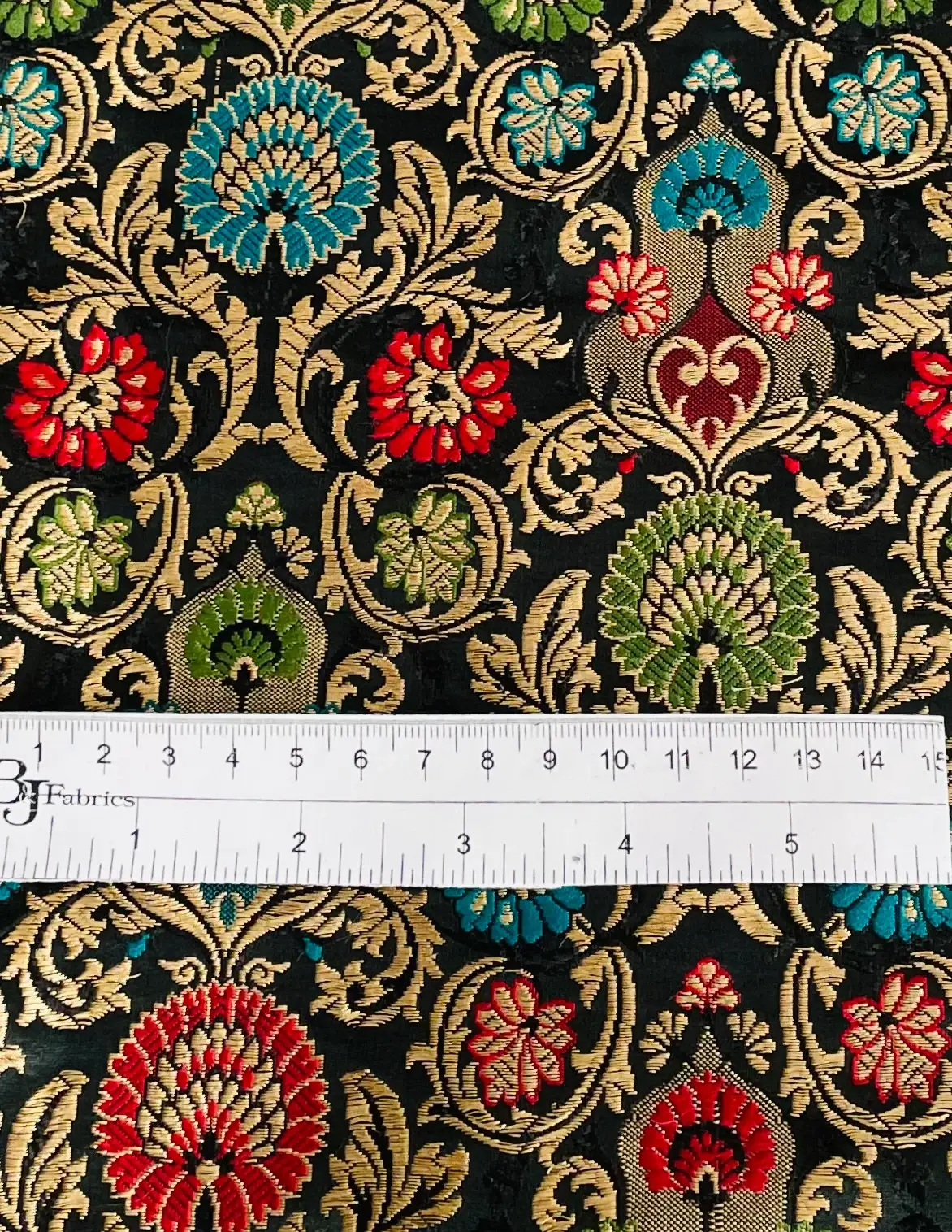 Metallic Brocade in Black Ground with Multi-Colored Gold Metallic Floral