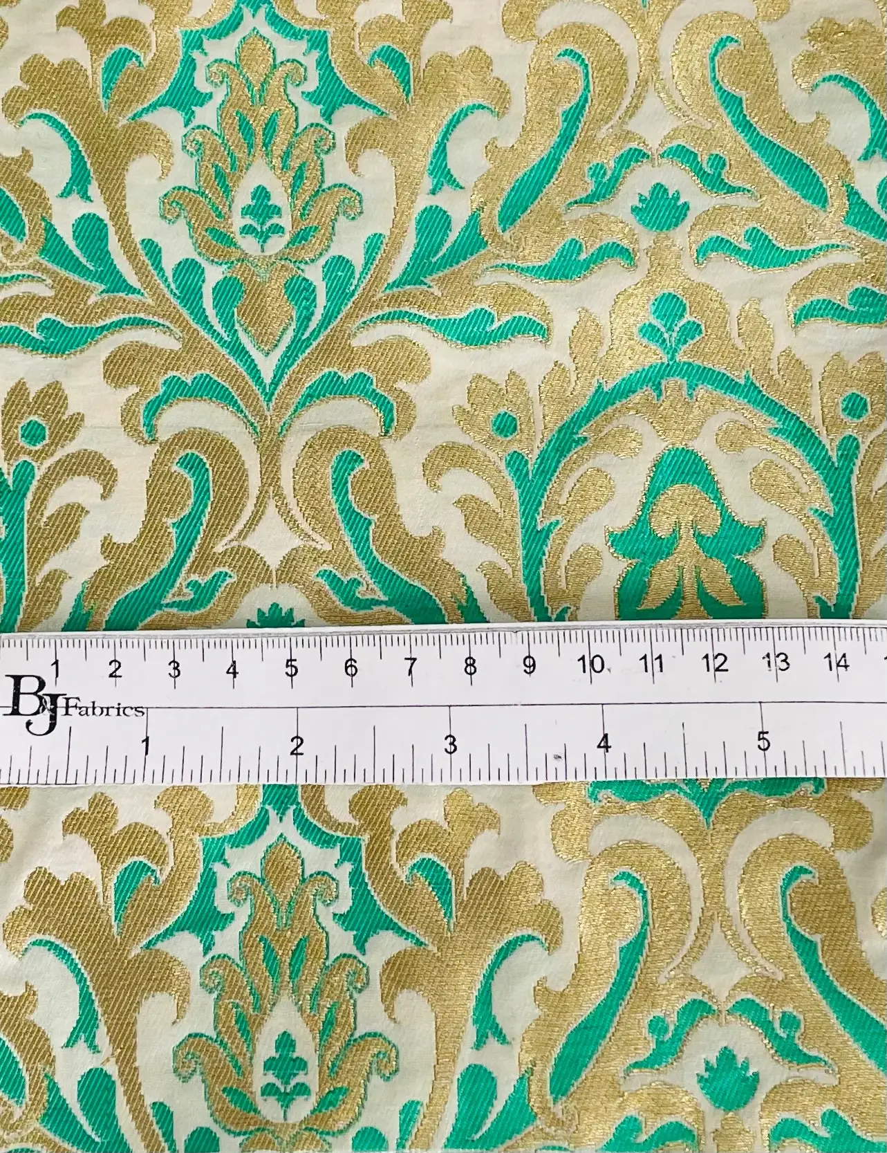 Metallic Brocade in Off-White Ground with Green and Gold Baroque Design