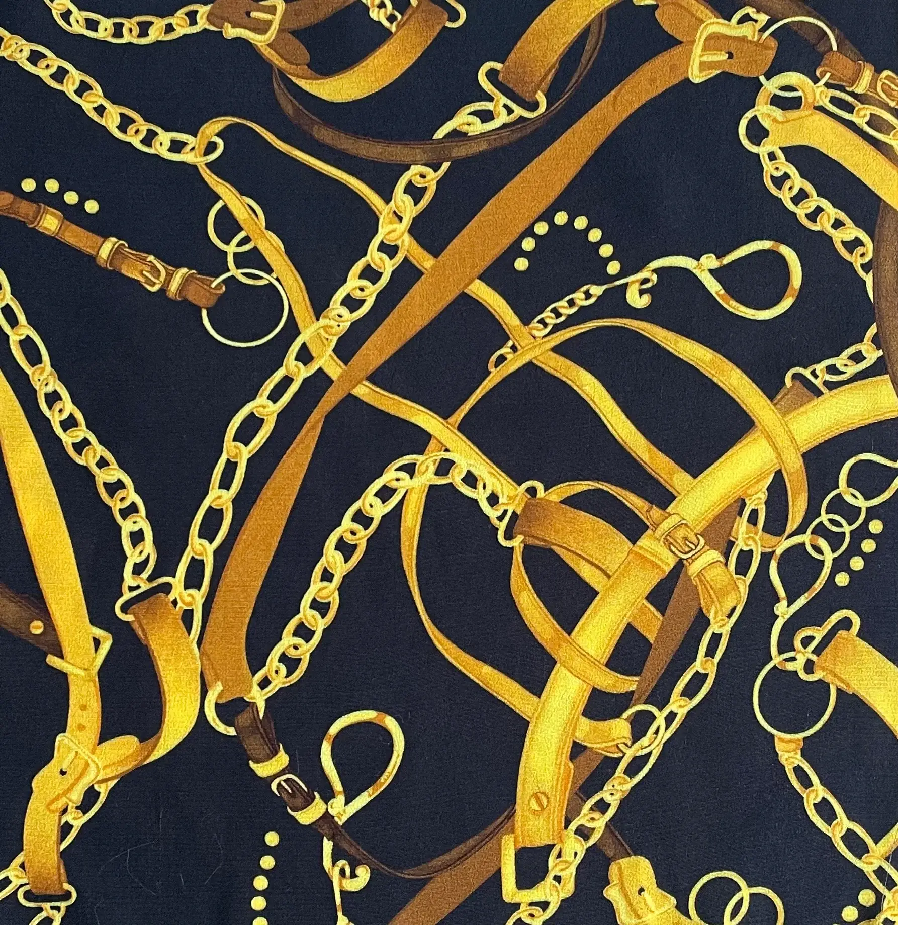 Made in Italy 100% Viscose Challis Equestrian Print in Black/Gold