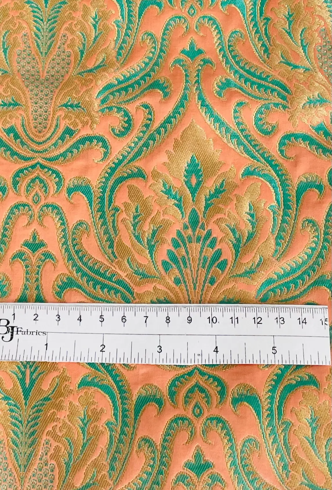 Metallic Brocade in Salmon Ground with Light Turquoise and Gold Baroque Design