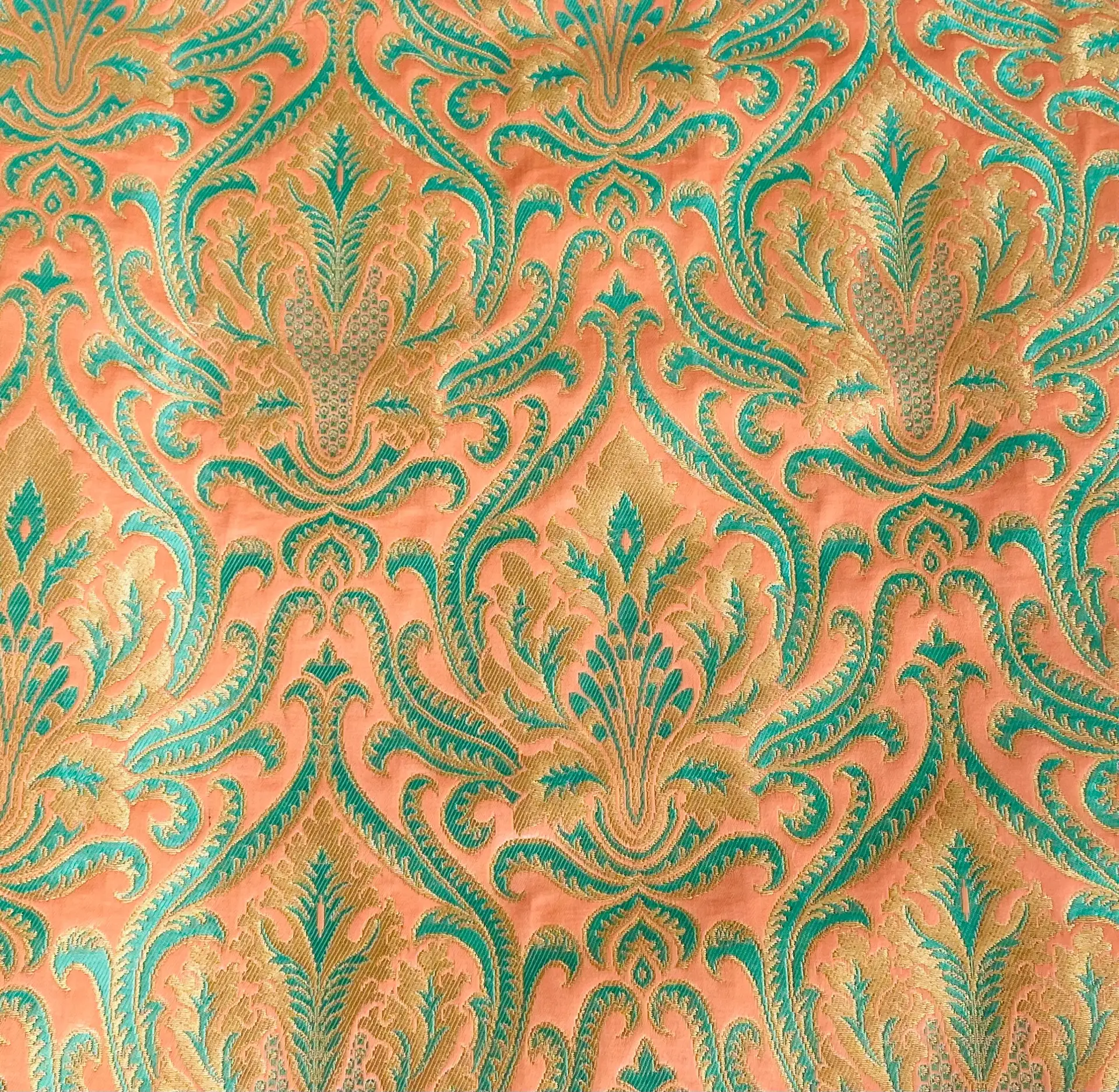 Metallic Brocade in Salmon Ground with Light Turquoise and Gold Baroque Design