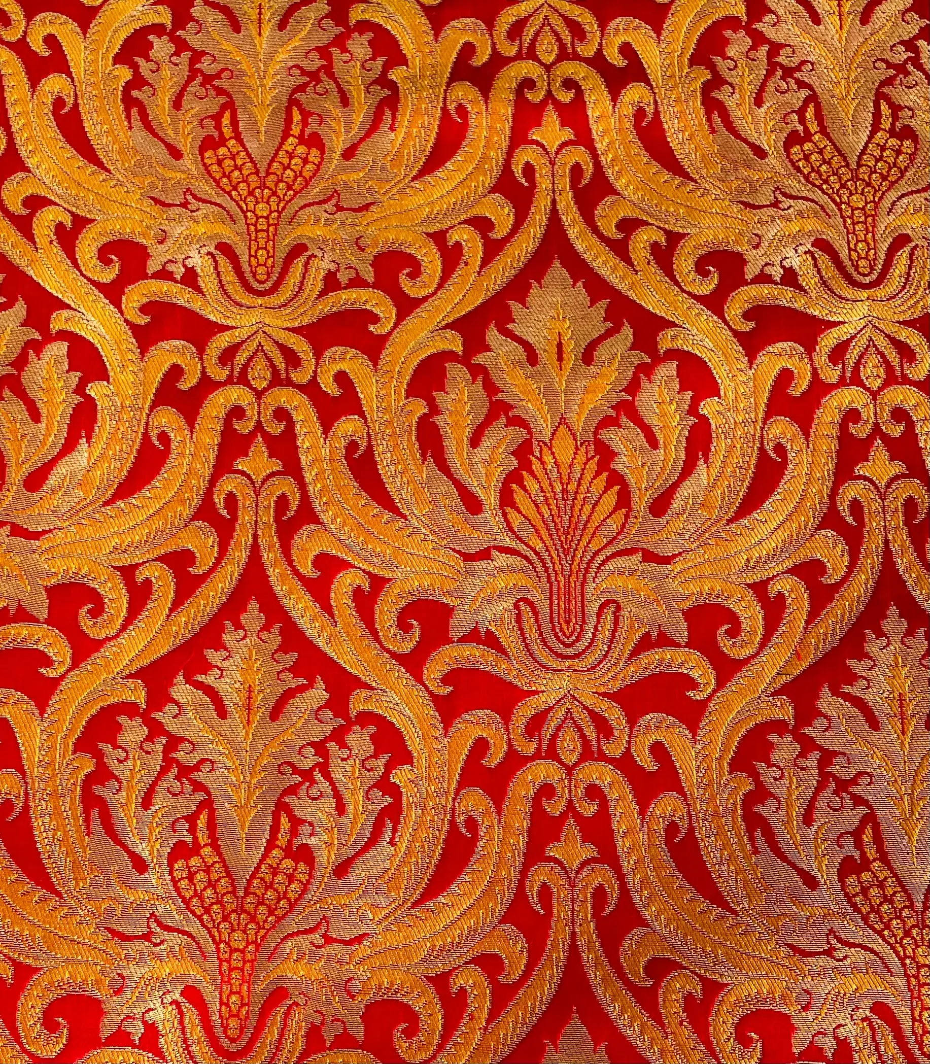 Metallic Brocade in Red with Orange and Gold Baroque Design