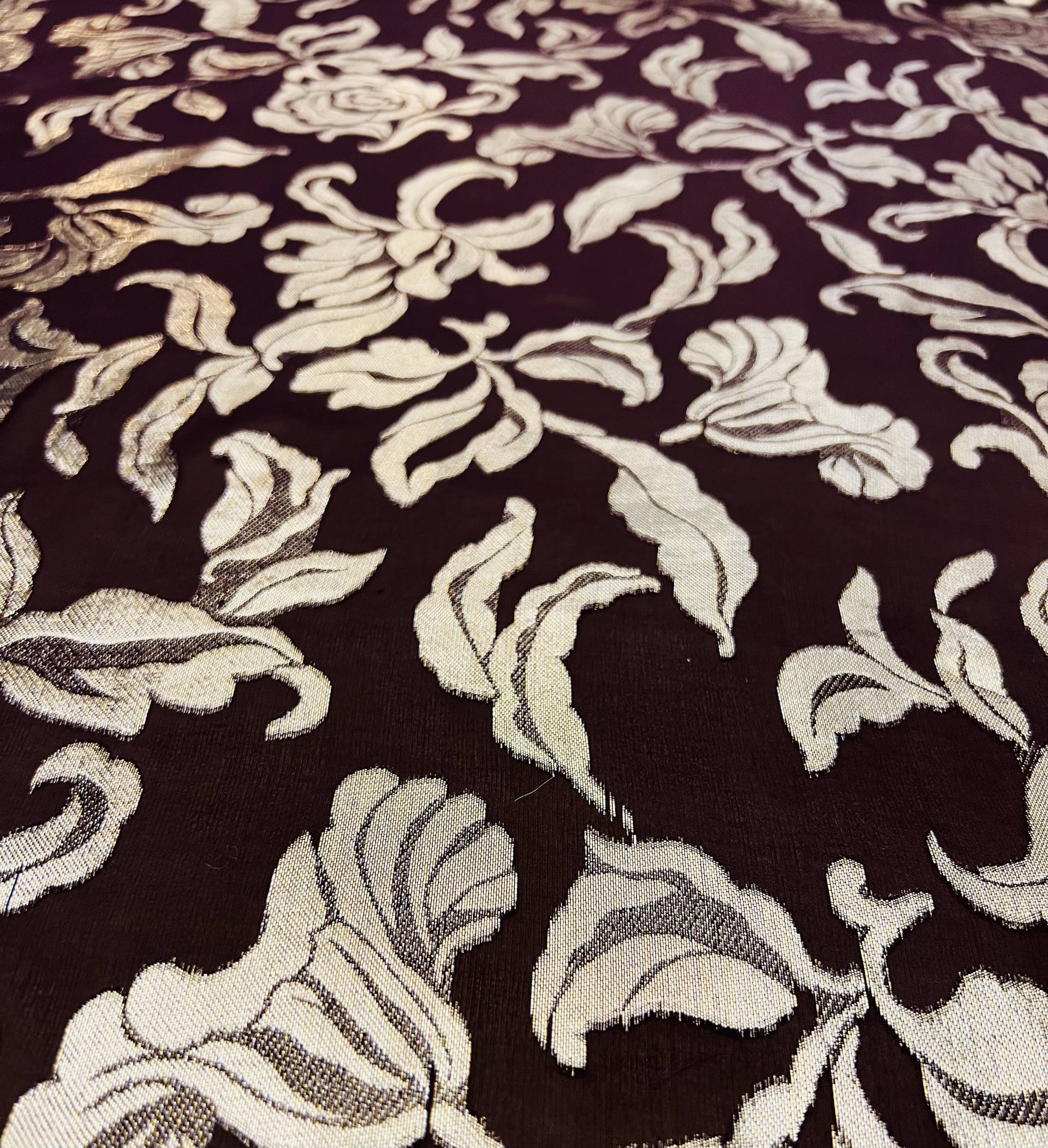 Silk Chiffon with Metallic Fil Coupé Flowers On Dark Maroon ground