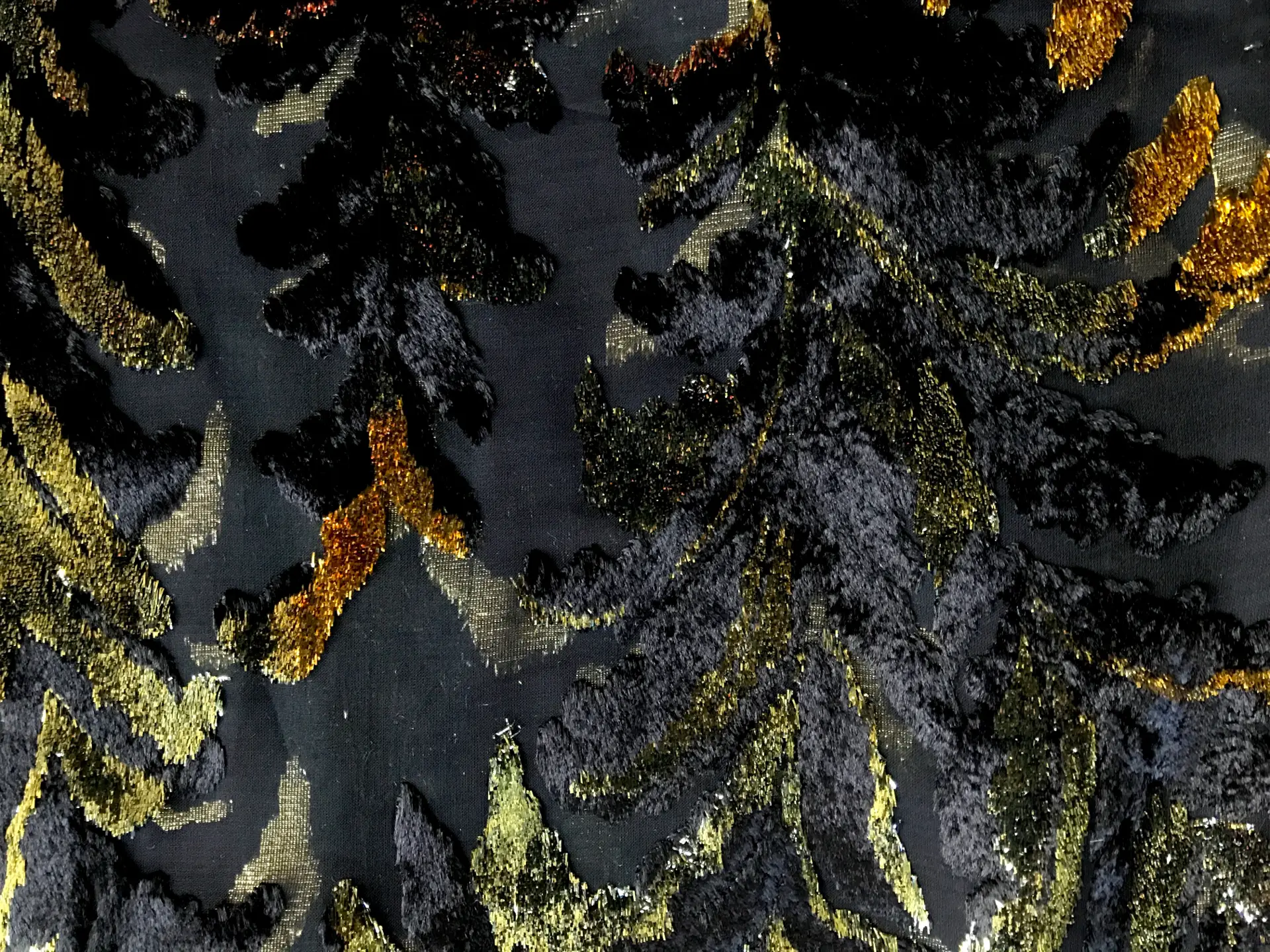 black chiffon with burnout velvet in navy and gold lurex in leaves patterns