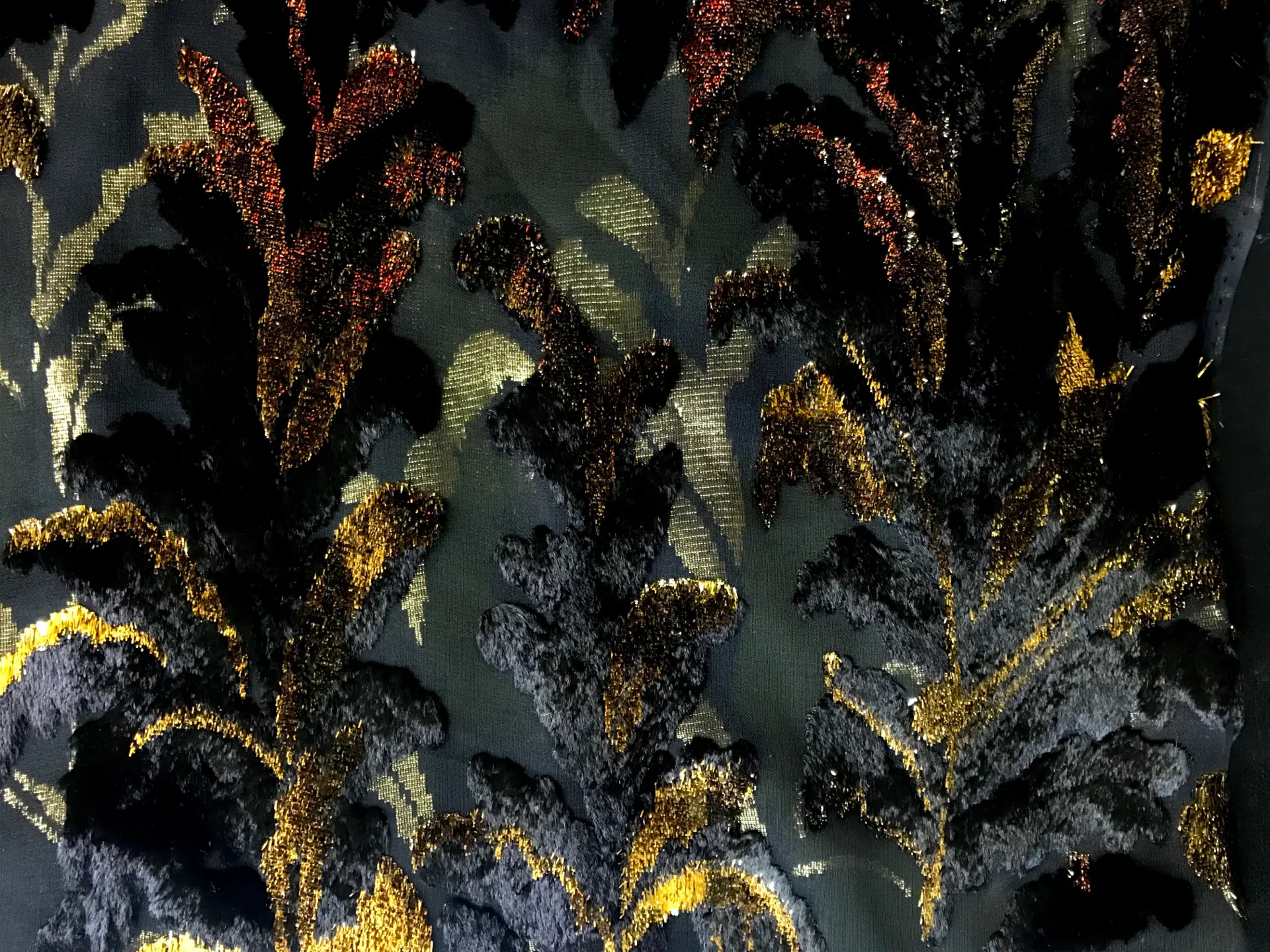 black chiffon with burnout velvet in gold lurex in leaf patterns