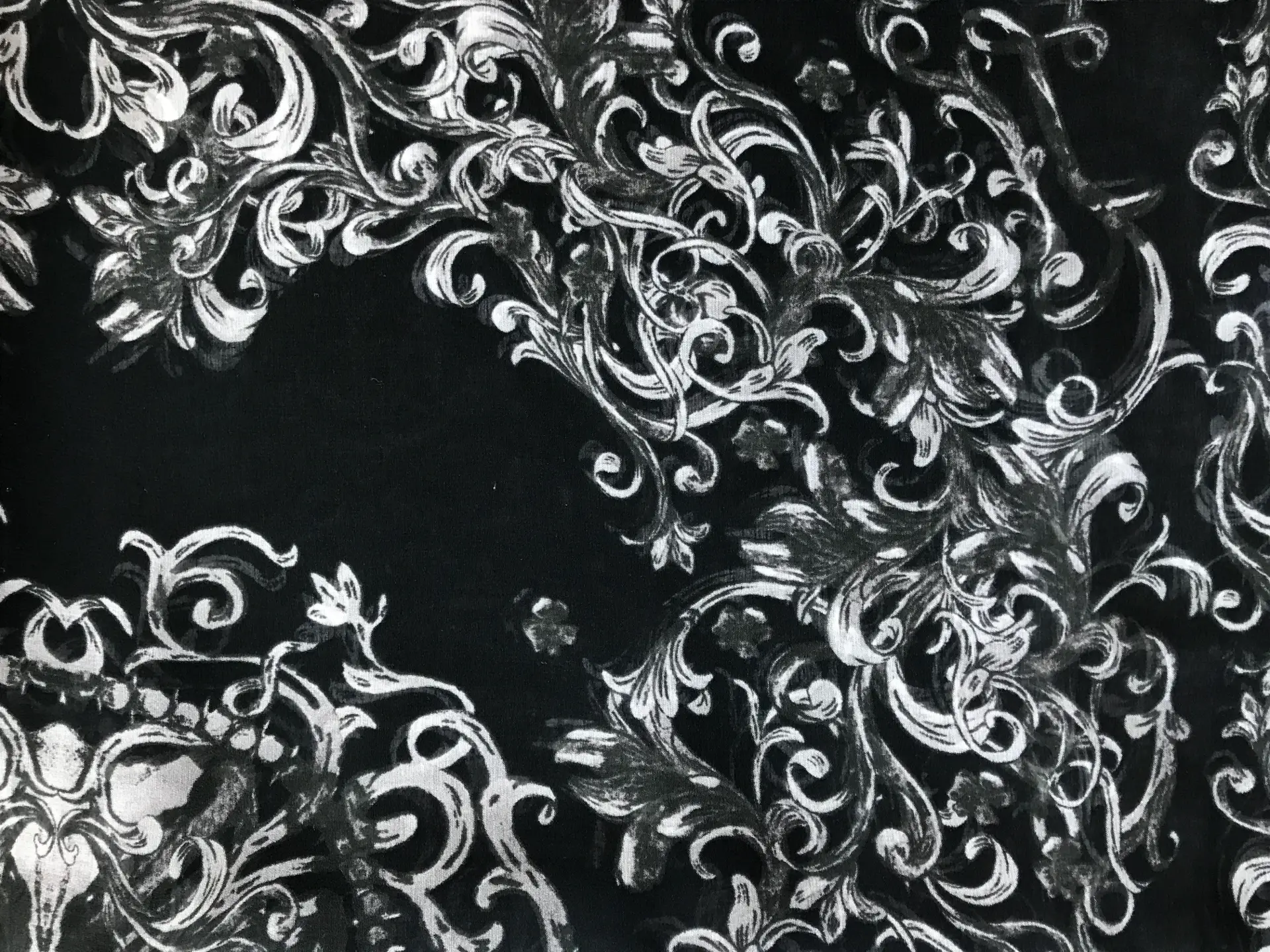 printed black chiffon with grey ornamental brocade patterns