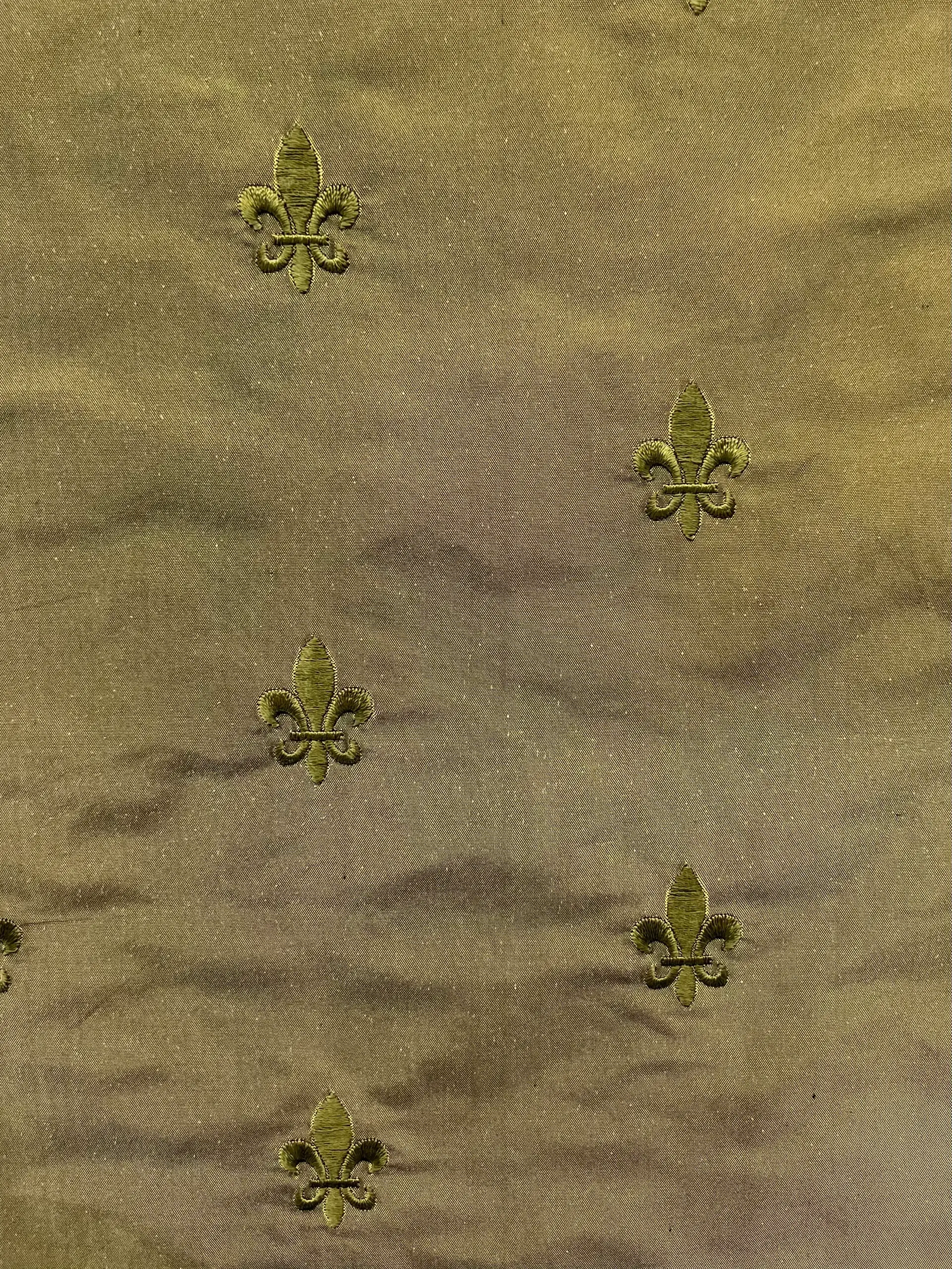 Fleur-De-Lis Embroidered Silk Taffeta in Olive