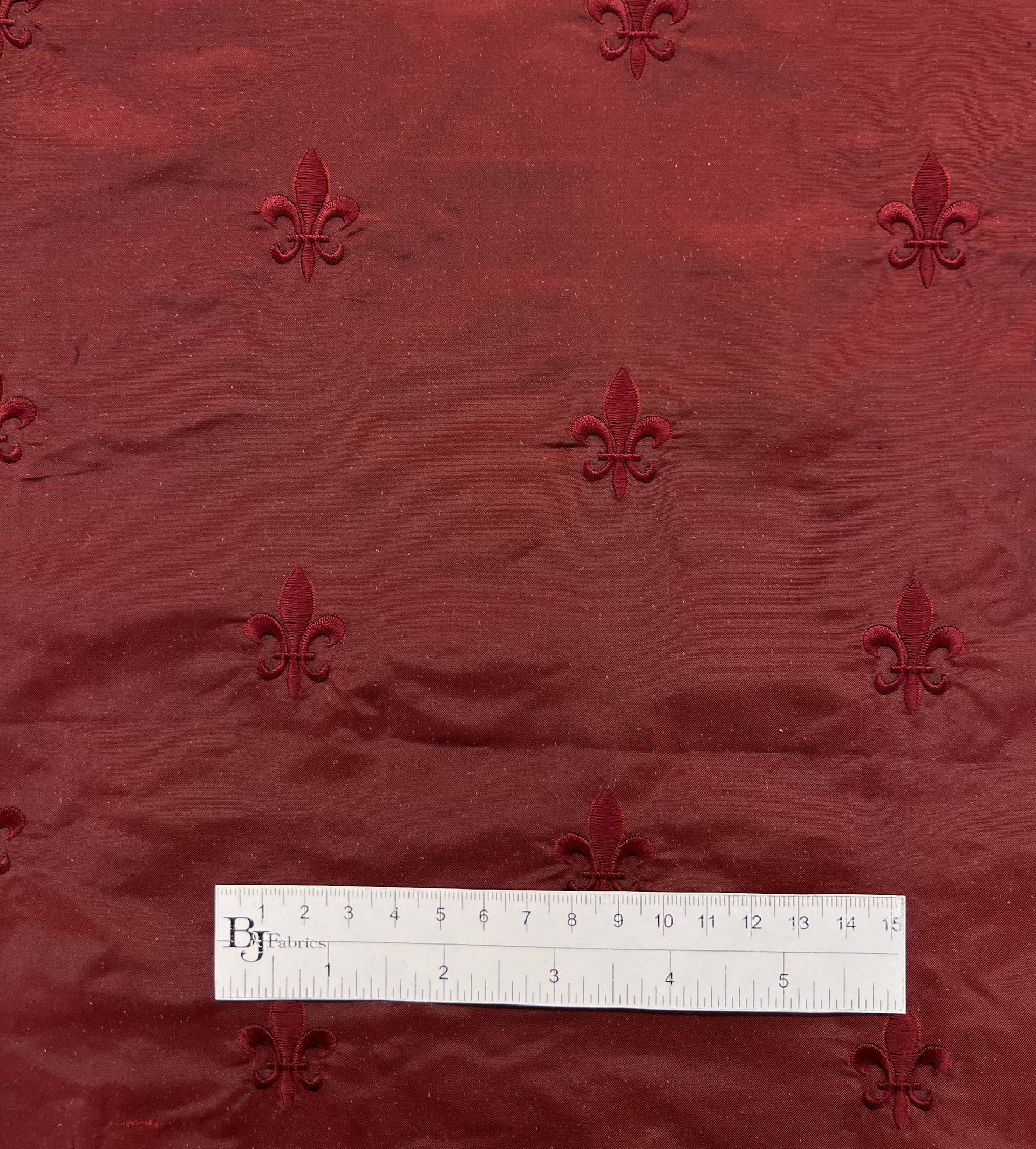 Fleur-De-Lis Embroidered Silk Taffeta in Ox Blood