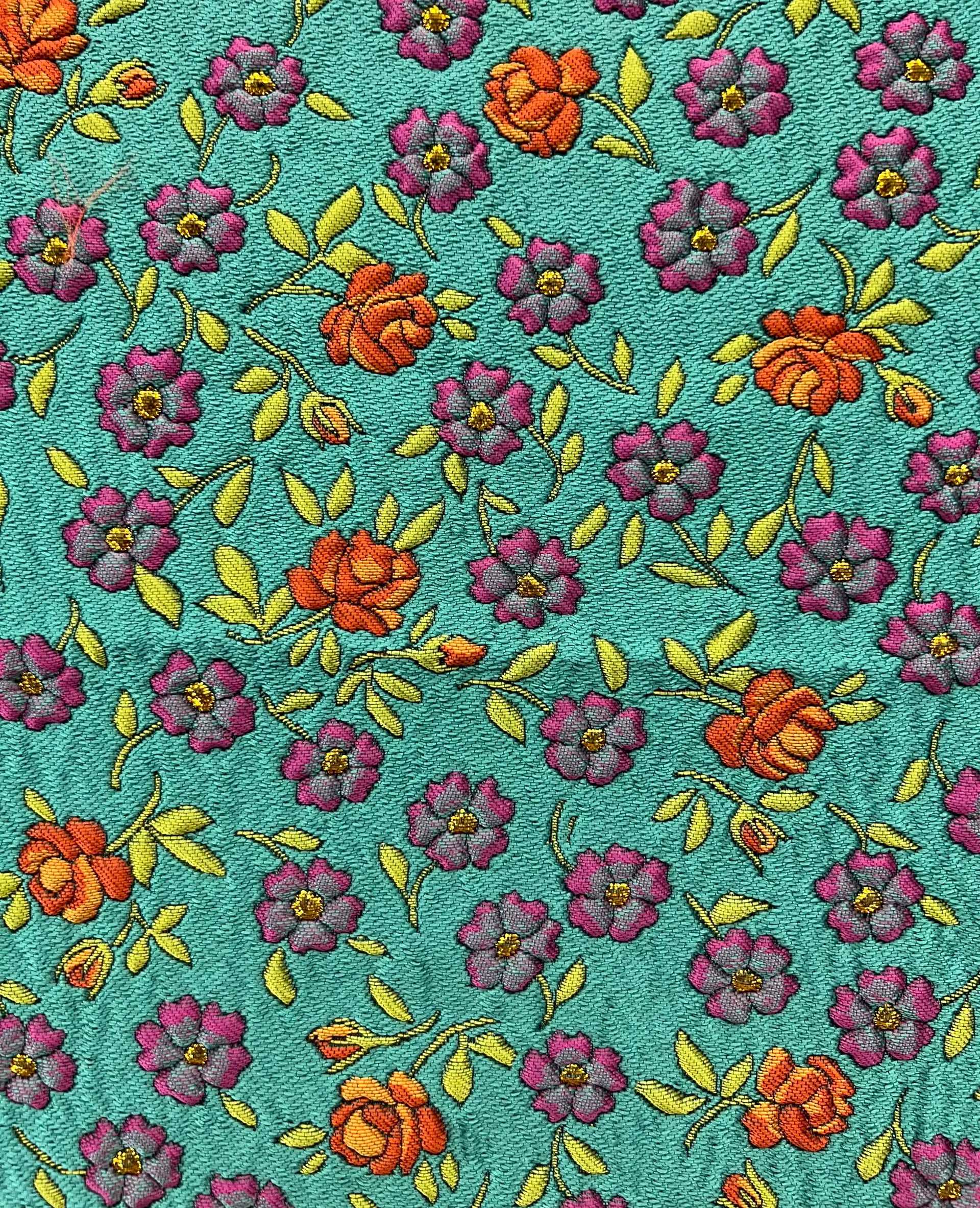 Multicolor Floral Jacquard Brocade in Turqoise