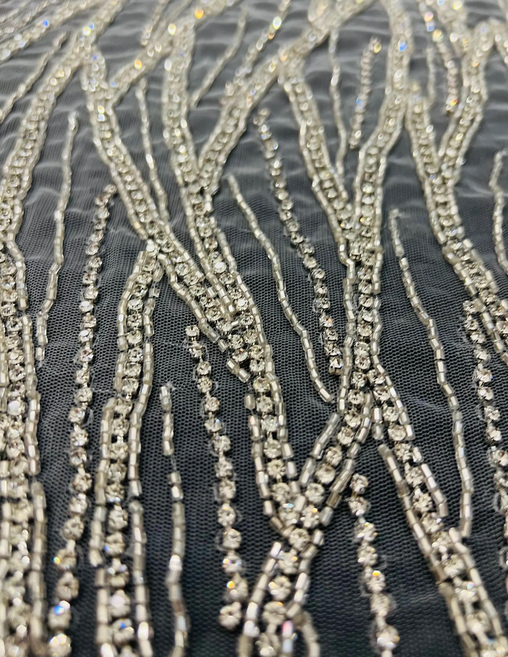 Hand Beaded Tulle With Crystal and Silverline Beads