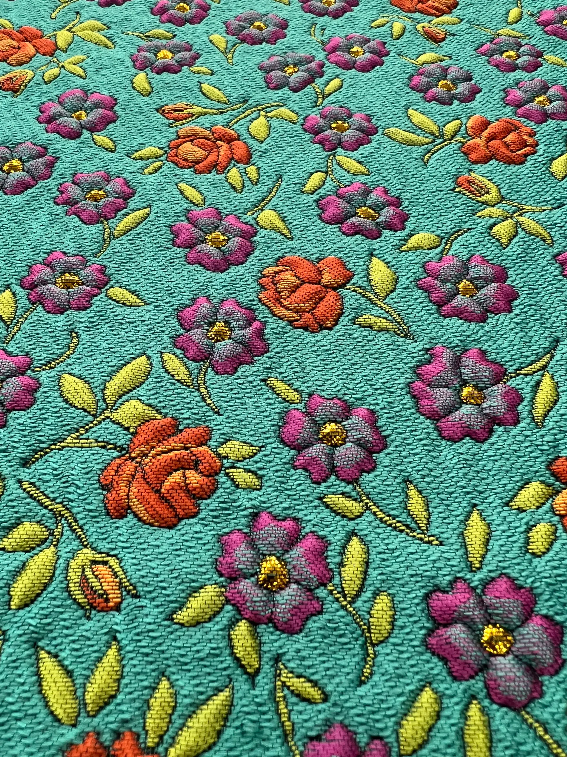 Multicolor Floral Jacquard Brocade in Turqoise
