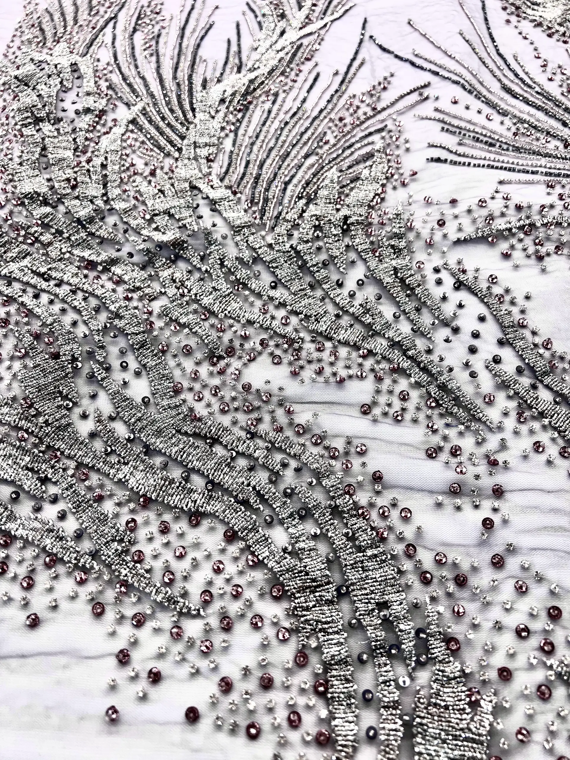 Couture Hand Beaded Tulle with Crystal, Beads and Spring in Lavender