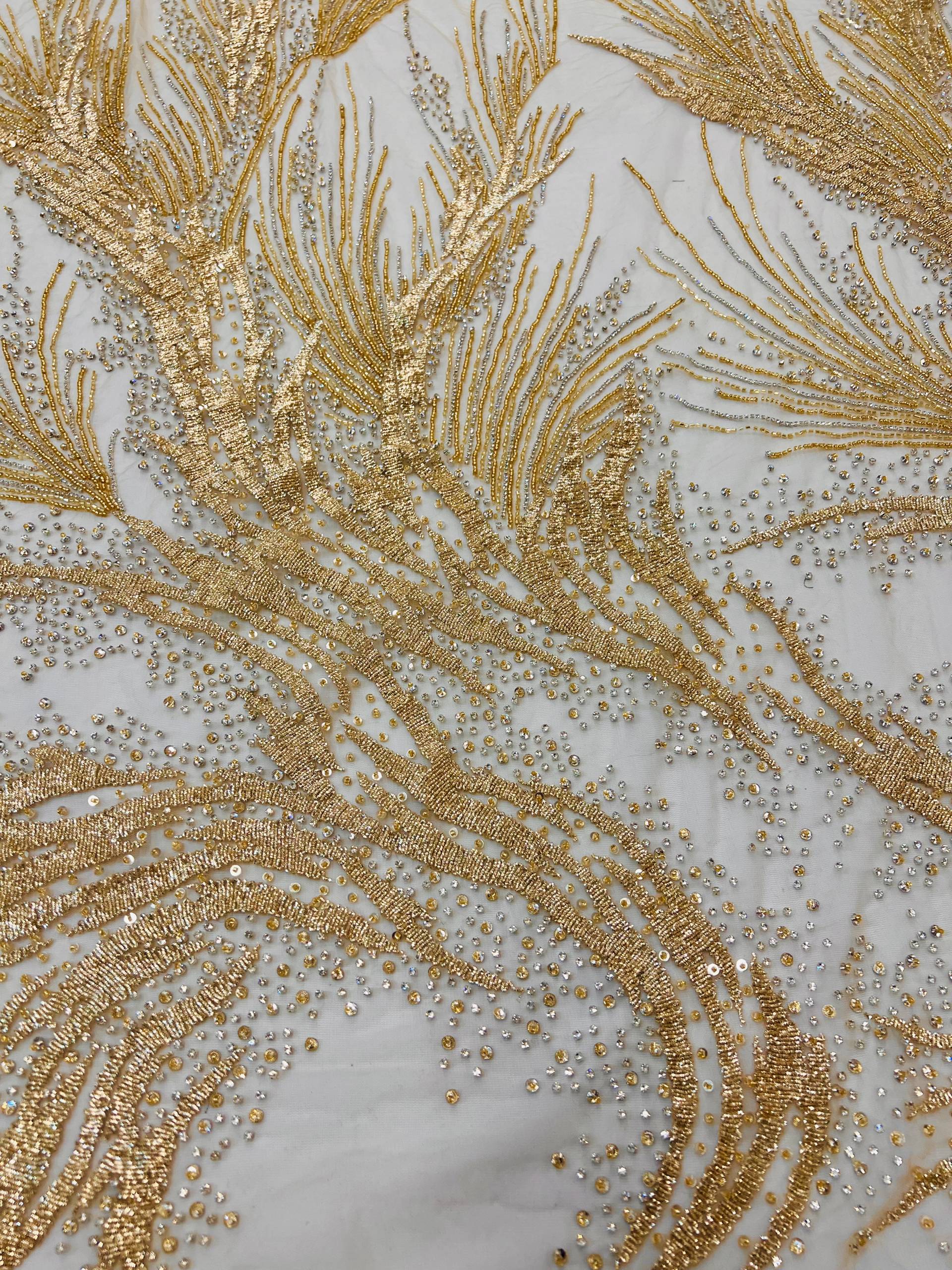 Couture Hand Beaded Tulle with Crystal, Beads and Spring in Gold 