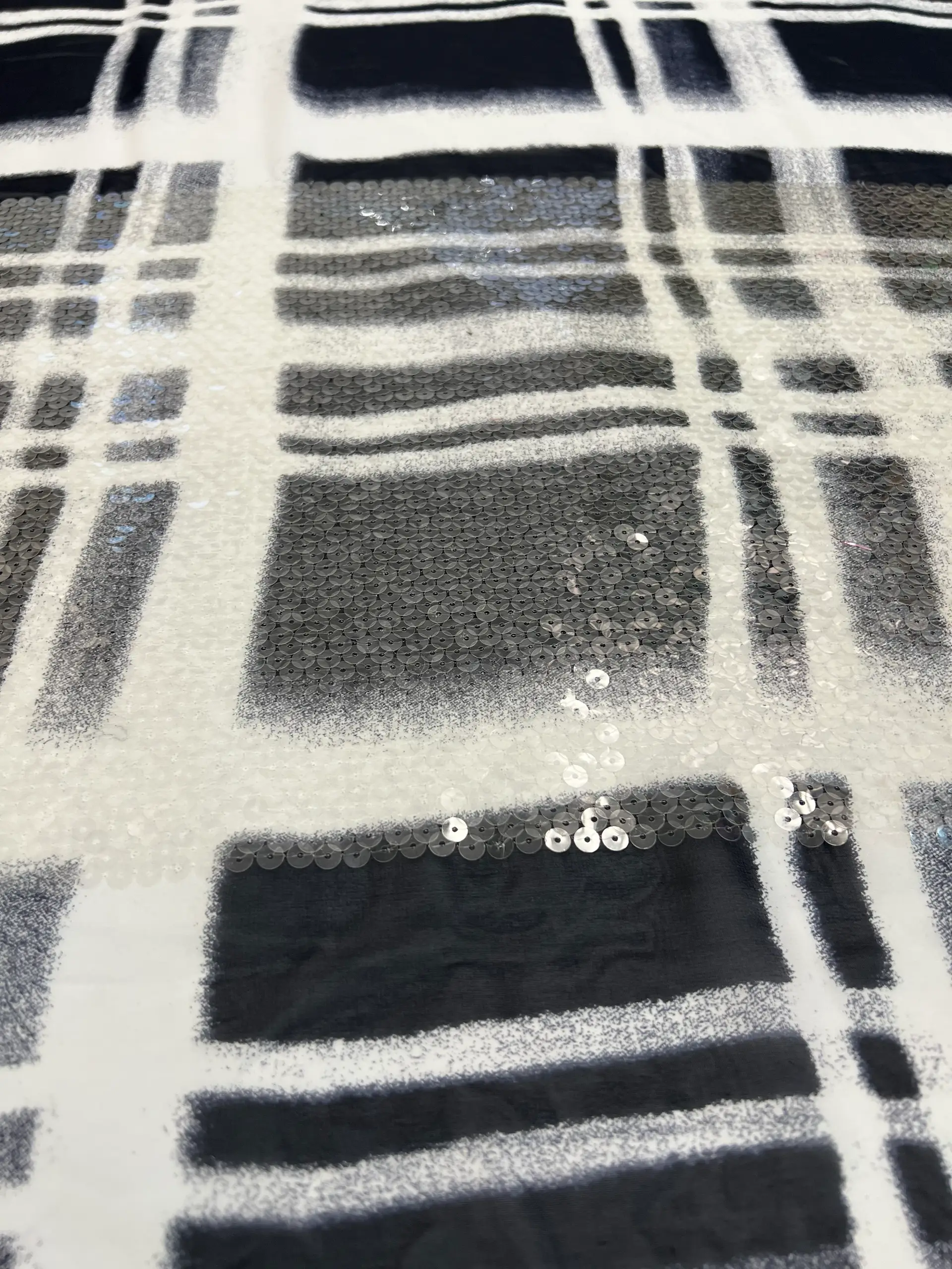 Clear Sequins Boarder on Silk Chiffon in Navy and White
