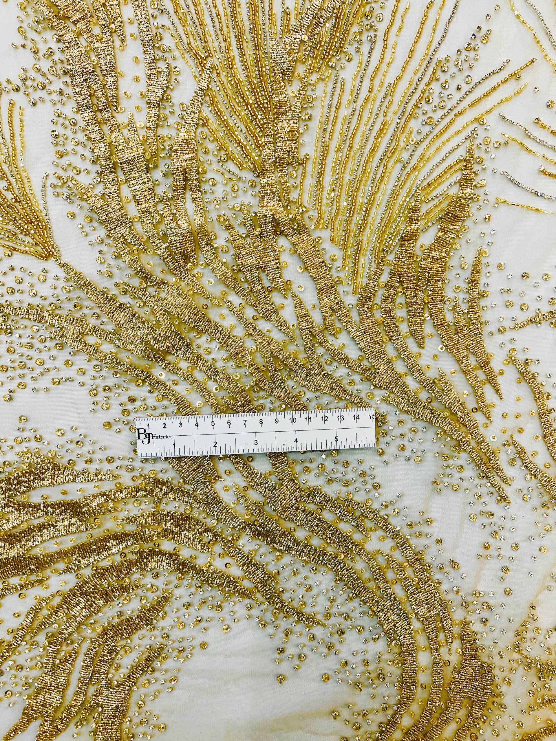 Couture Hand Beaded Tulle with Crystal, Beads and Spring in Gold 