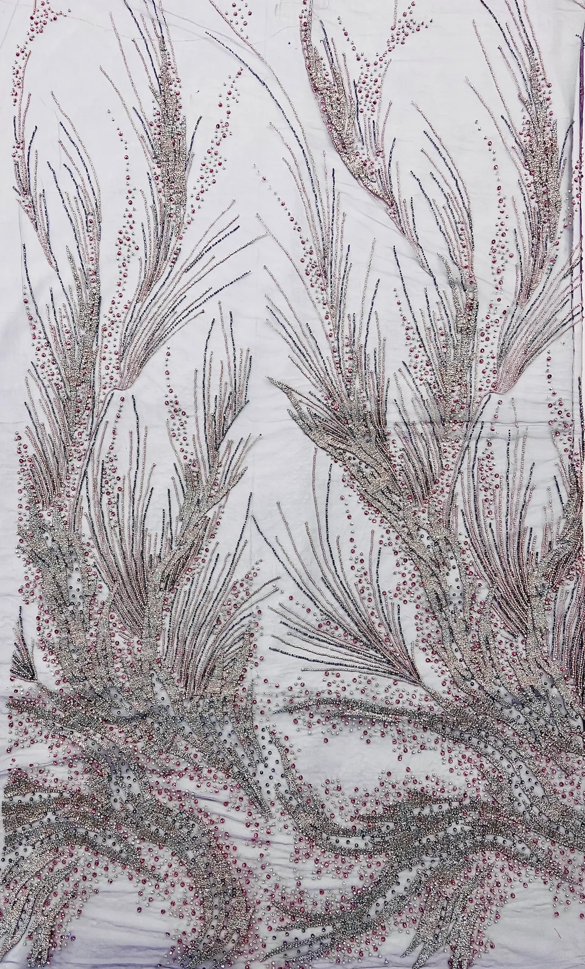 Couture Hand Beaded Tulle with Crystal, Beads and Spring in Lavender