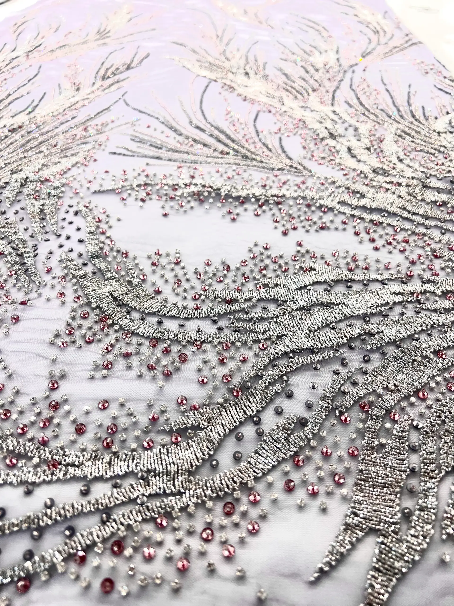 Couture Hand Beaded Tulle with Crystal, Beads and Spring in Lavender
