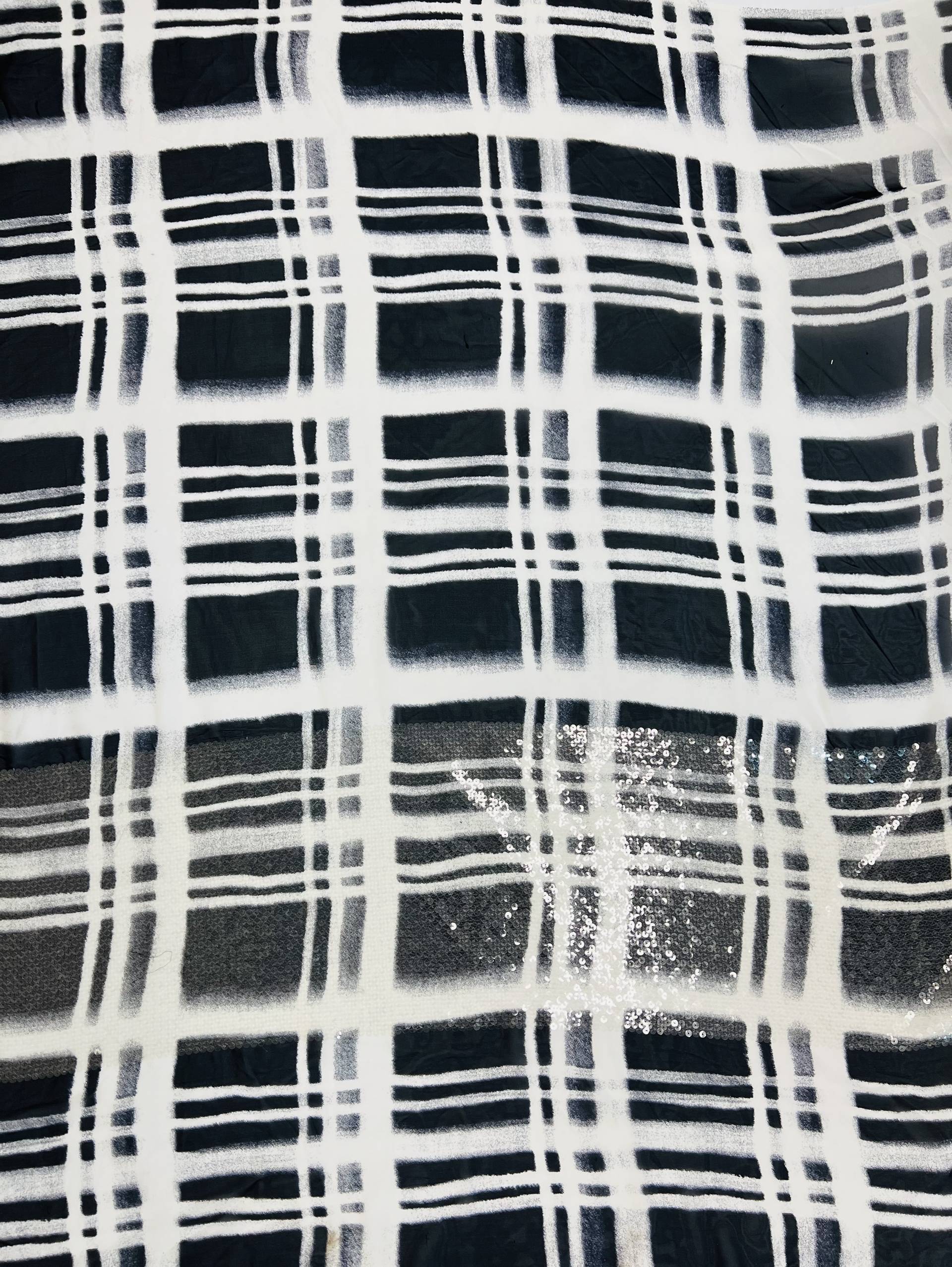 Clear Sequins Boarder on Silk Chiffon in Navy and White