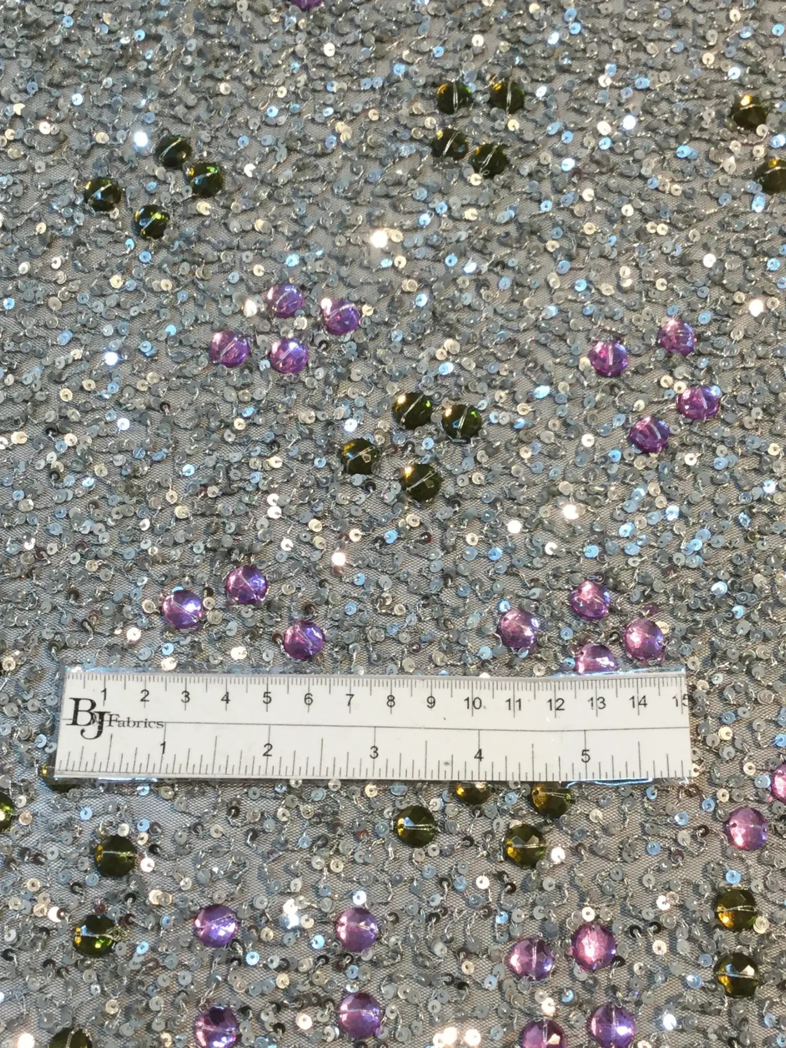 Novelty Sequins and Crystals on Tulle in Olive and Pink