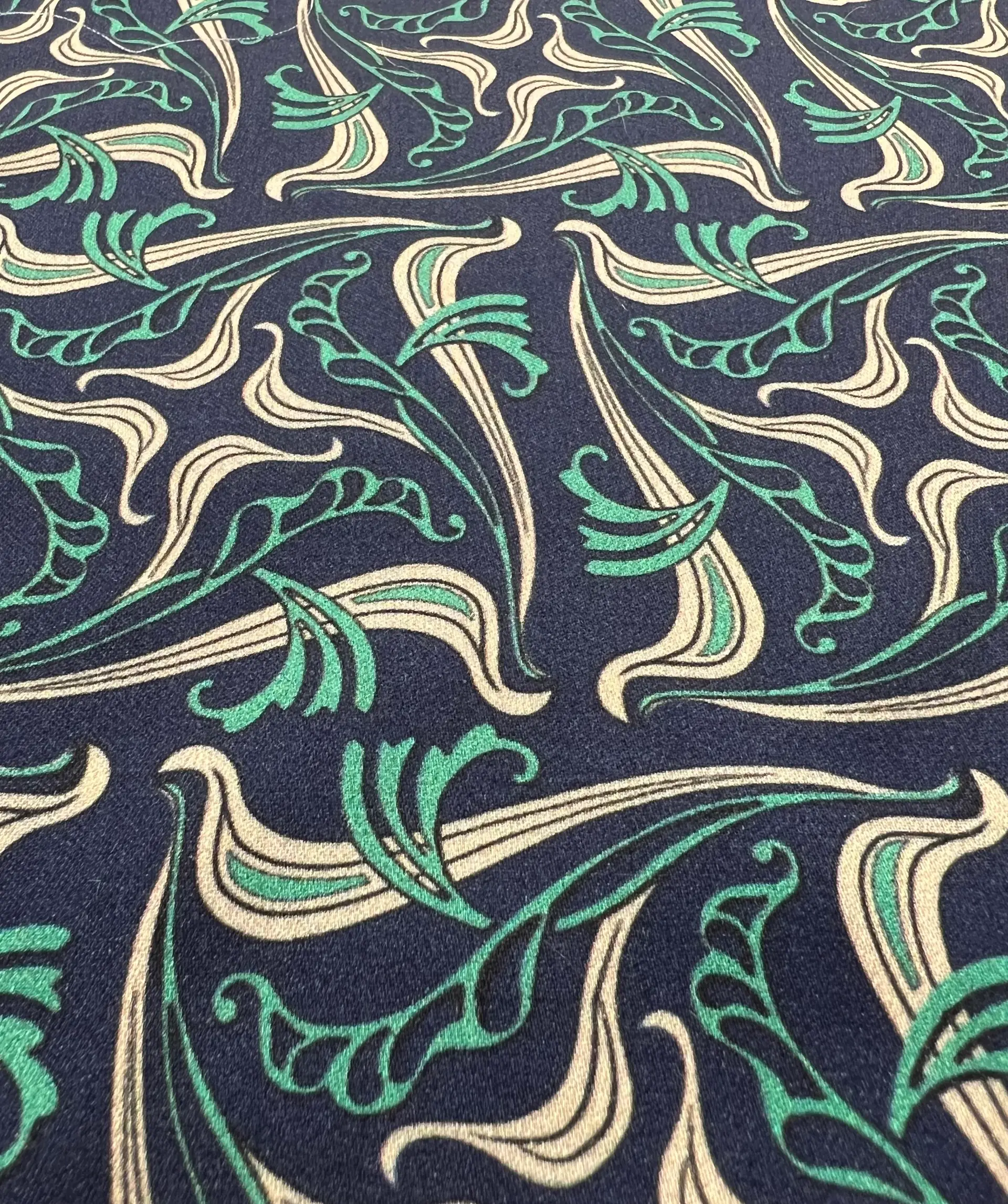 Printed Viscose Sateen Challis on Navy Ground
