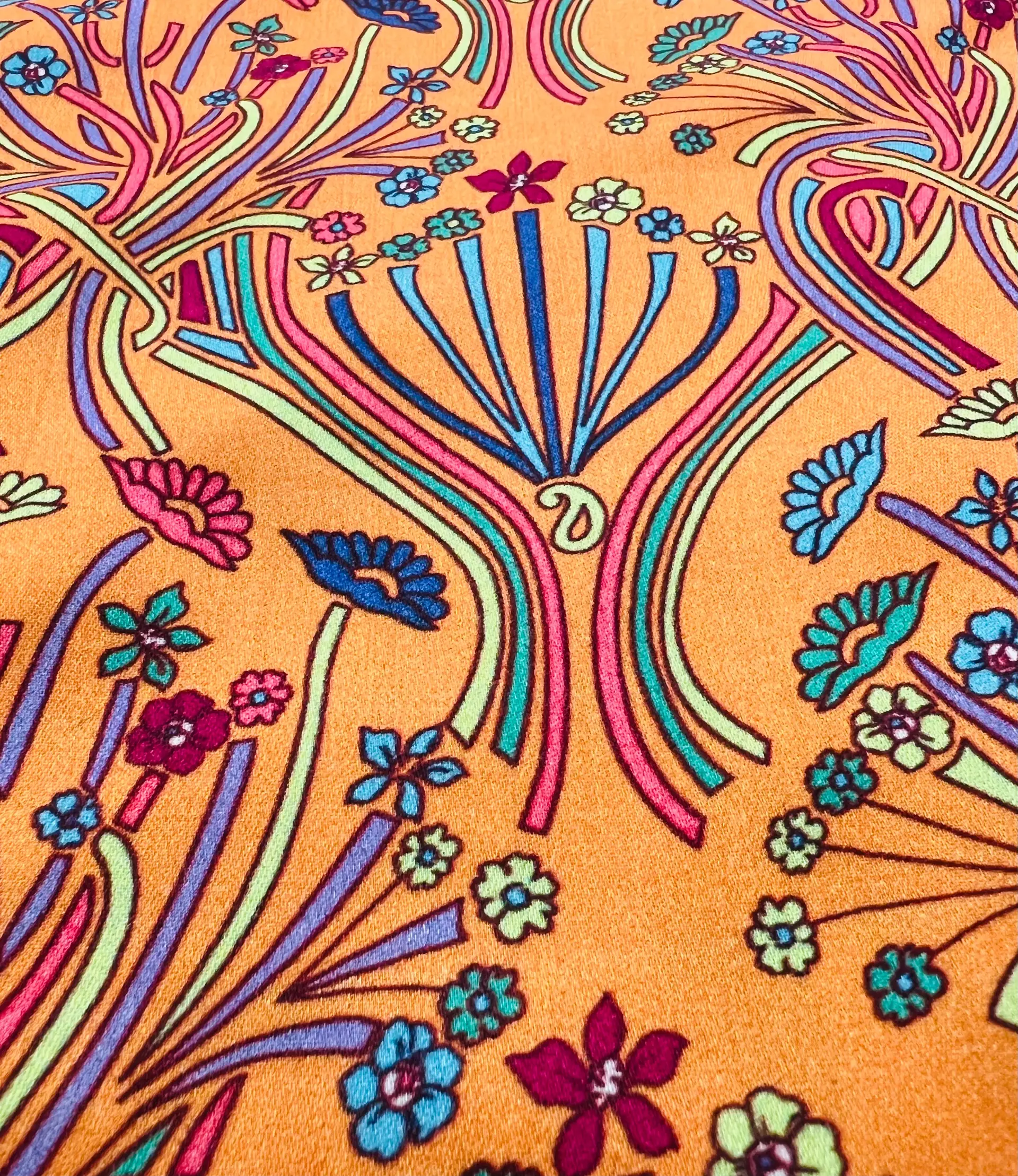 Printed Viscose Challis Sateen On Tangerine Ground