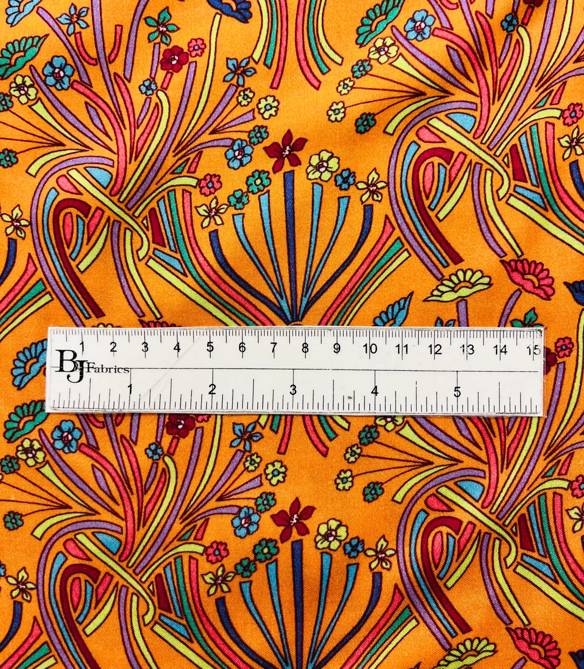Printed Viscose Challis Sateen On Tangerine Ground