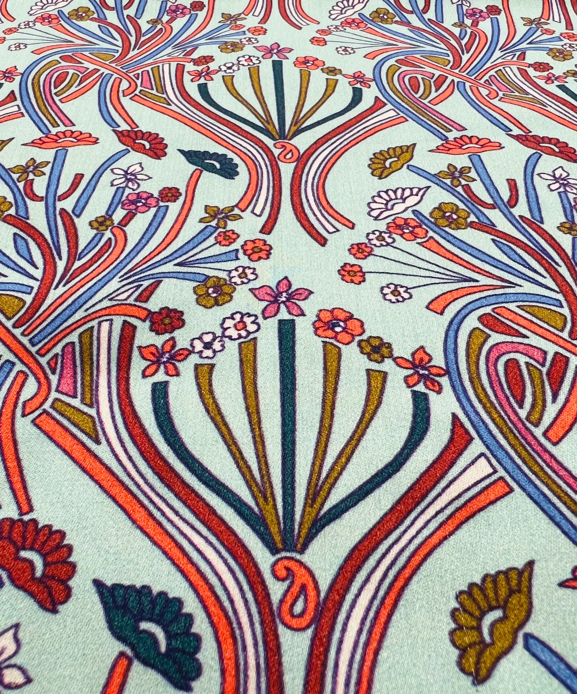 Printed Viscose Challis Sateen On Mint Ground