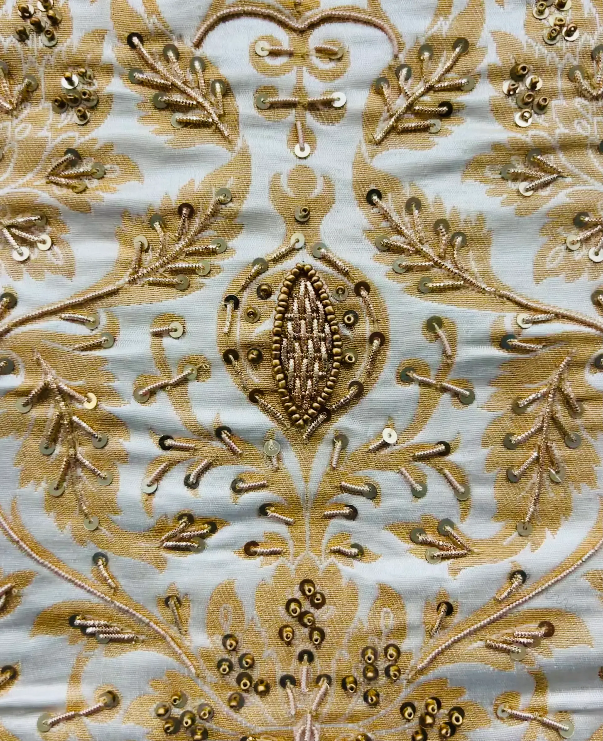 Hand Beaded Rayon Blended Brocade in White and Gold