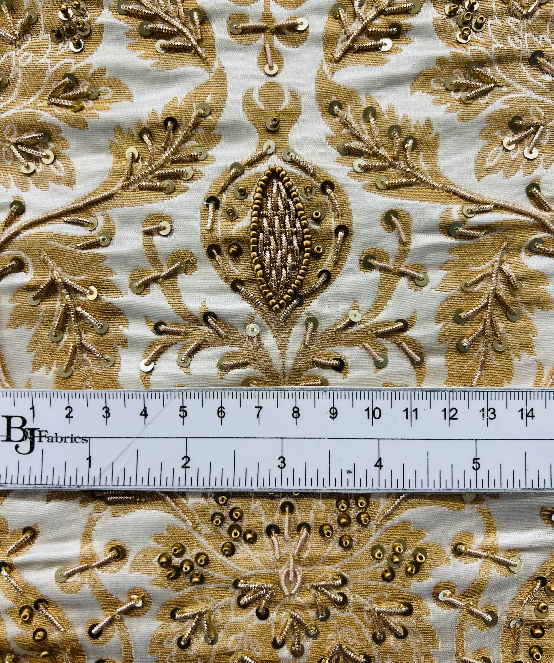 Hand Beaded Rayon Blended Brocade in White and Gold