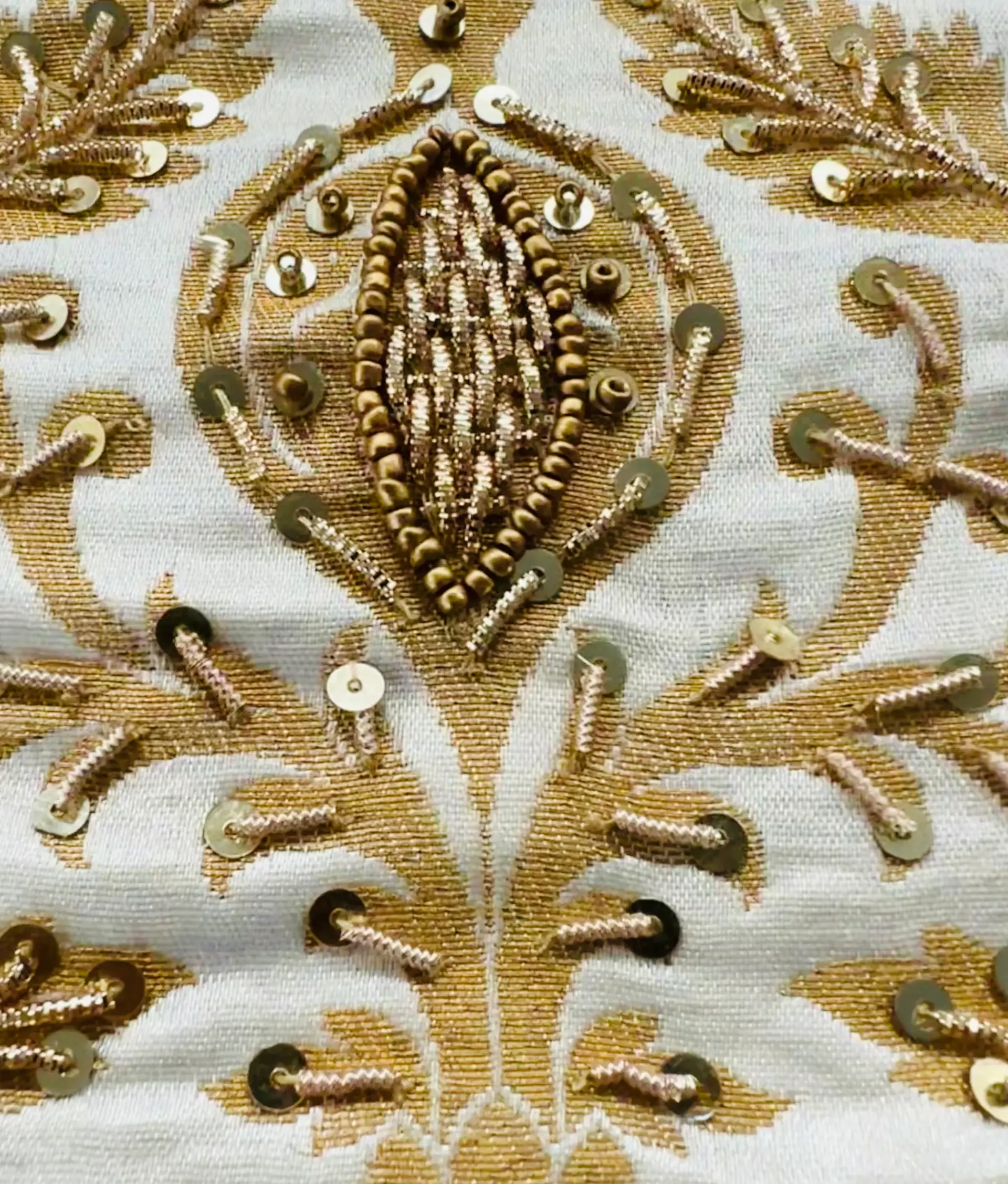 Hand Beaded Rayon Blended Brocade in White and Gold