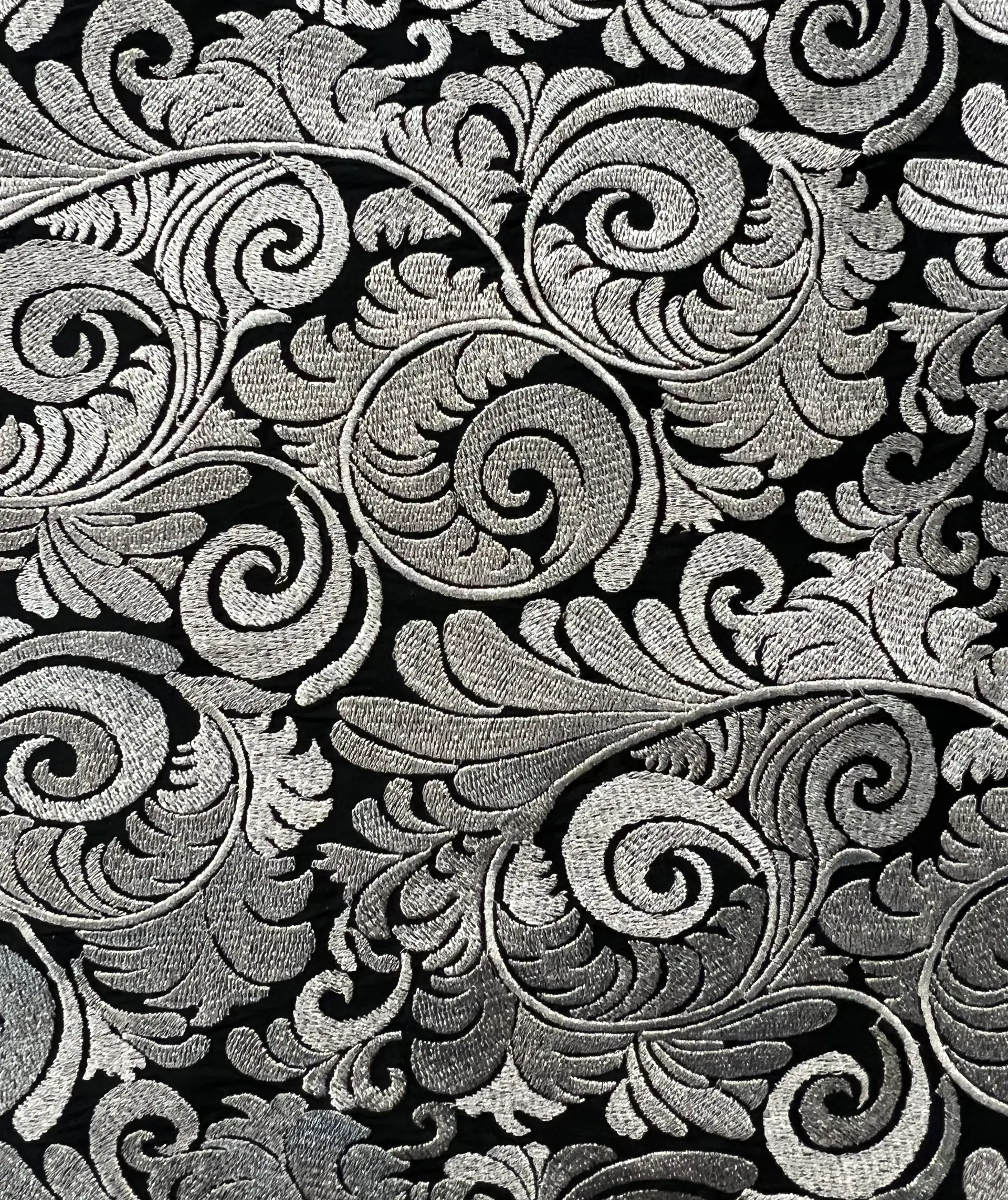 Embroidered Black Taffeta in Silver