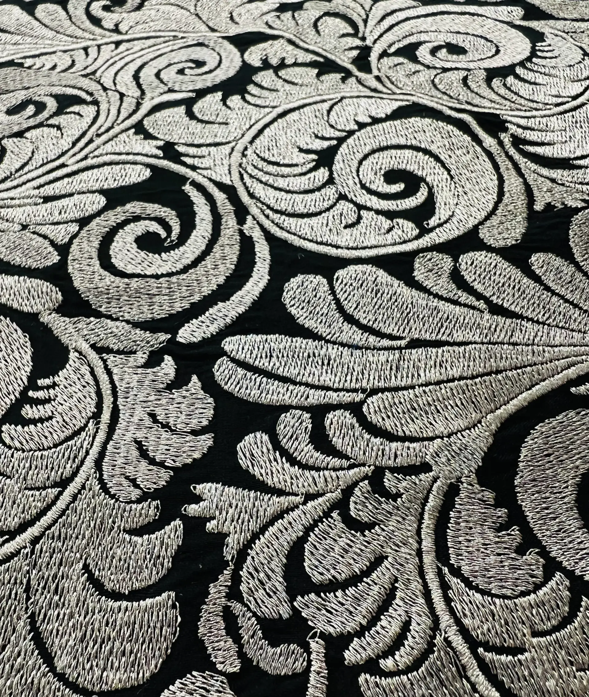 Embroidered Black Taffeta in Silver