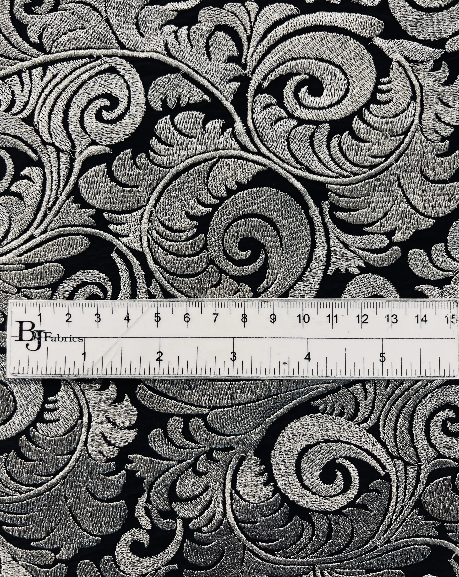 Embroidered Black Taffeta in Silver