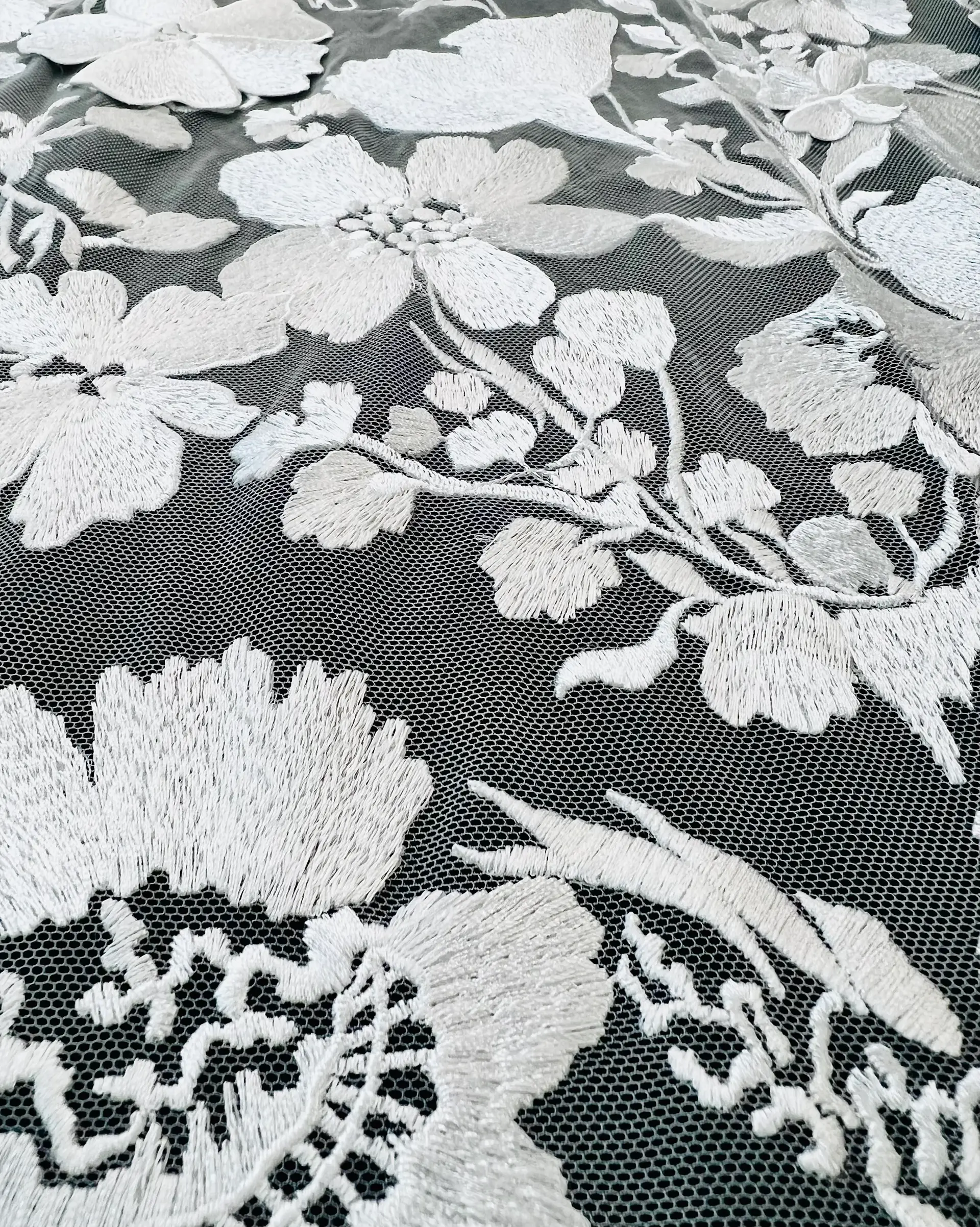 Embroidered Tulle in White Made To Order